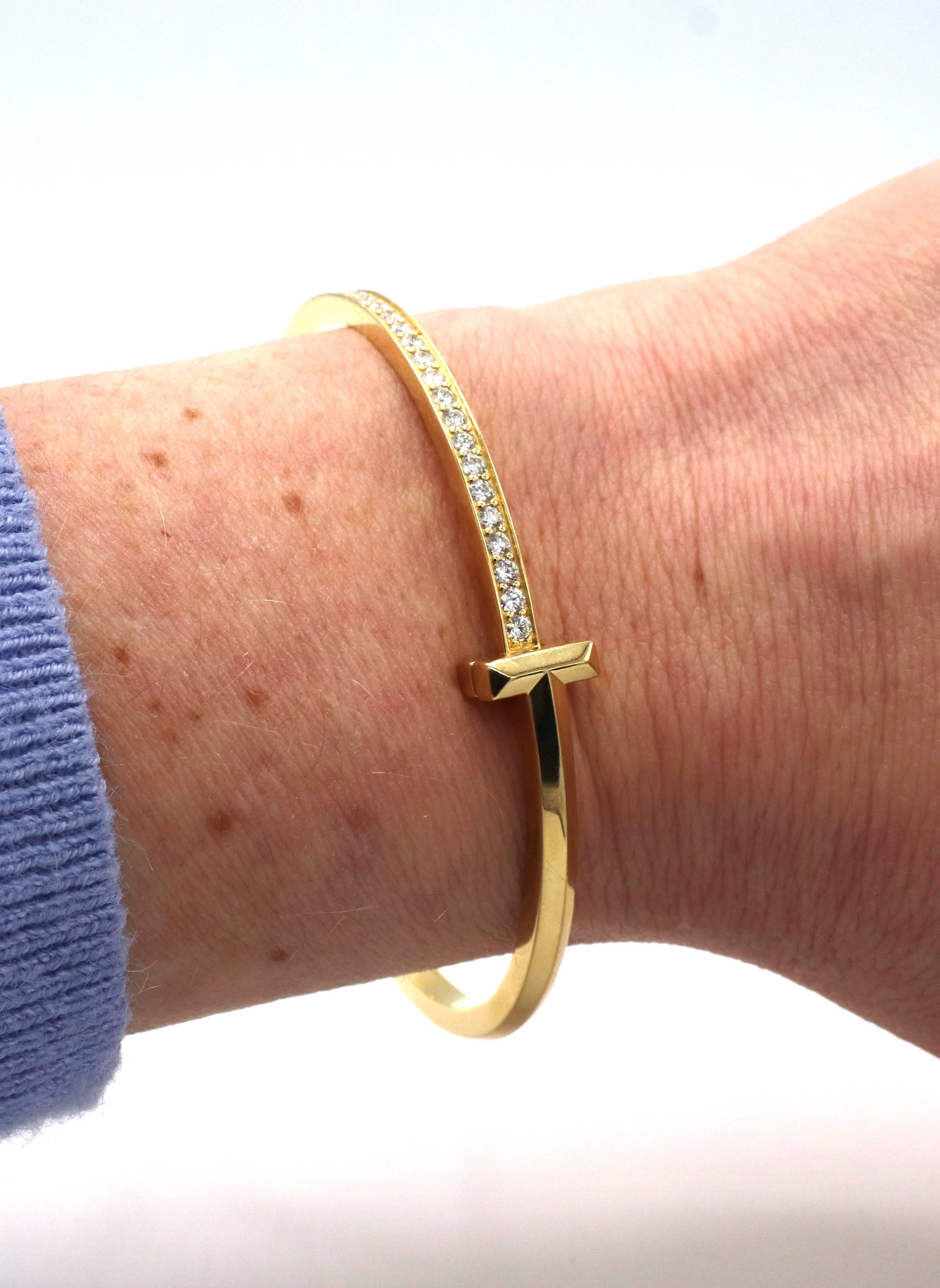 Modern Tiffany & Co. T1 Narrow Diamond Hinged Bangle Bracelet Yellow Gold