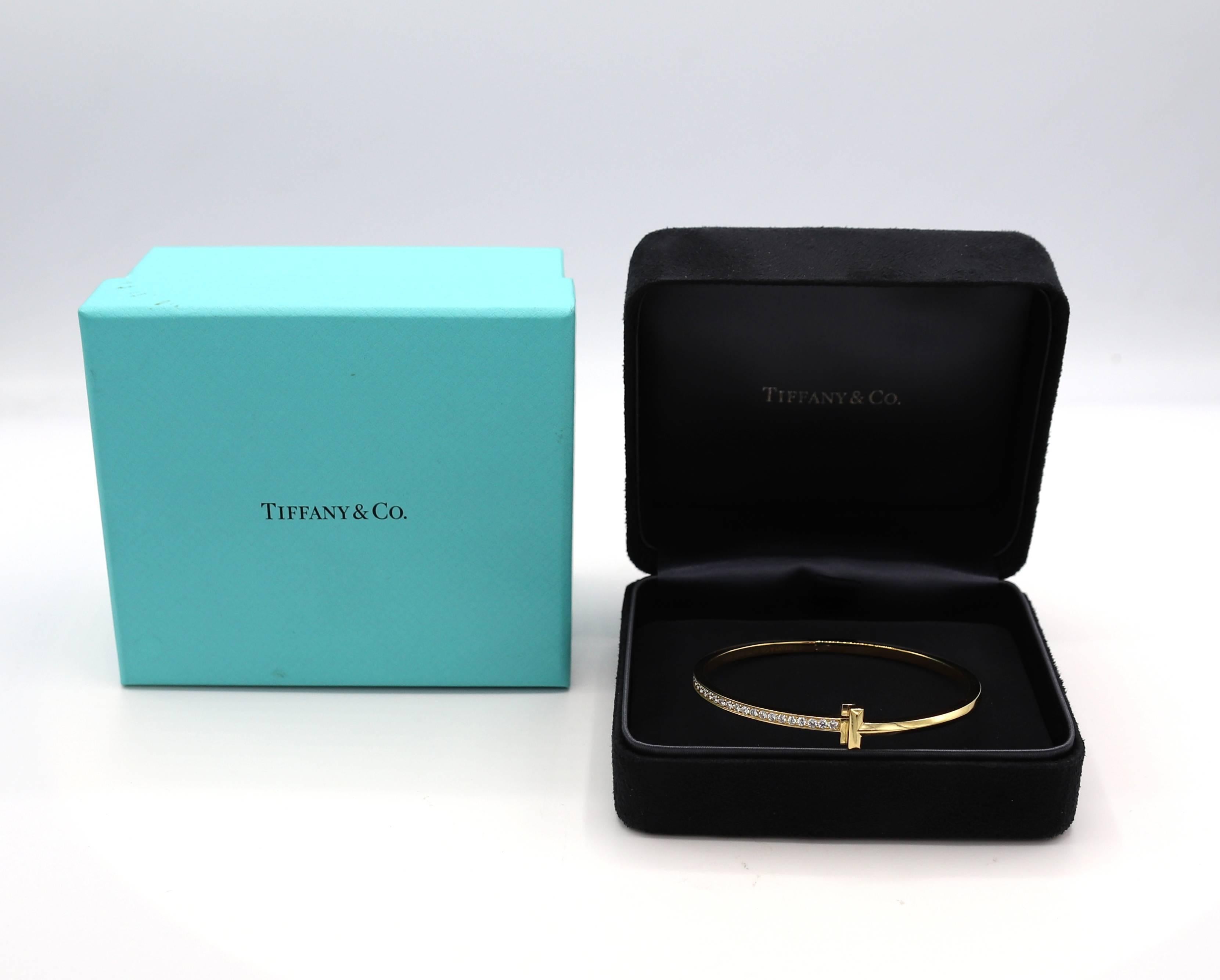 Round Cut Tiffany & Co. T1 Narrow Diamond Hinged Bangle Bracelet Yellow Gold