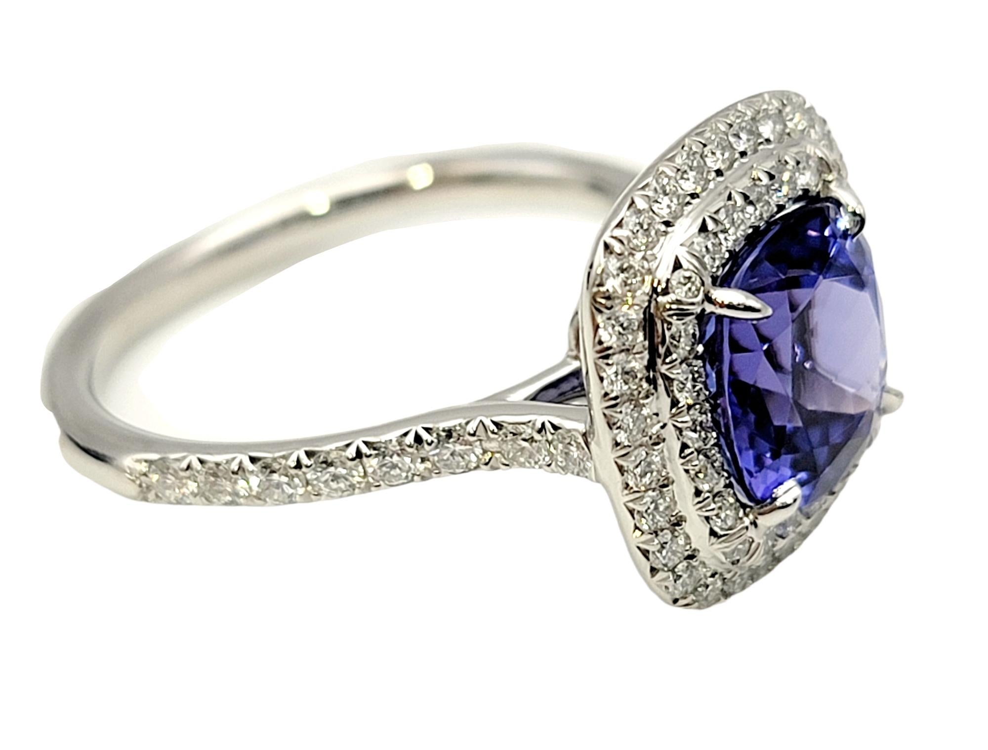 Contemporary Tiffany & Co Tanzanite and Diamond Soleste Cushion Cut Double Halo Platinum Ring