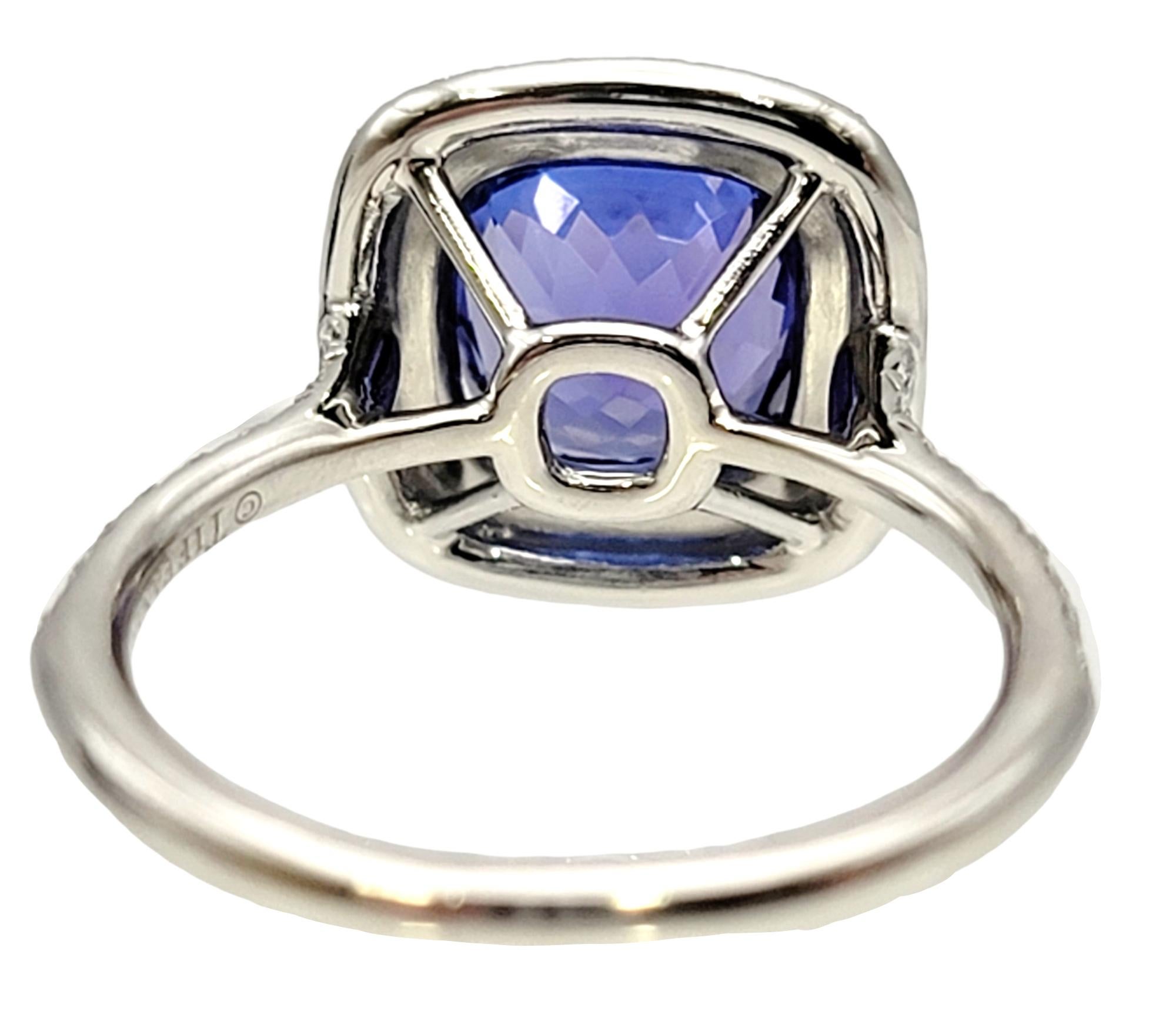 Tiffany & Co Tanzanite and Diamond Soleste Cushion Cut Double Halo Platinum Ring In Good Condition In Scottsdale, AZ