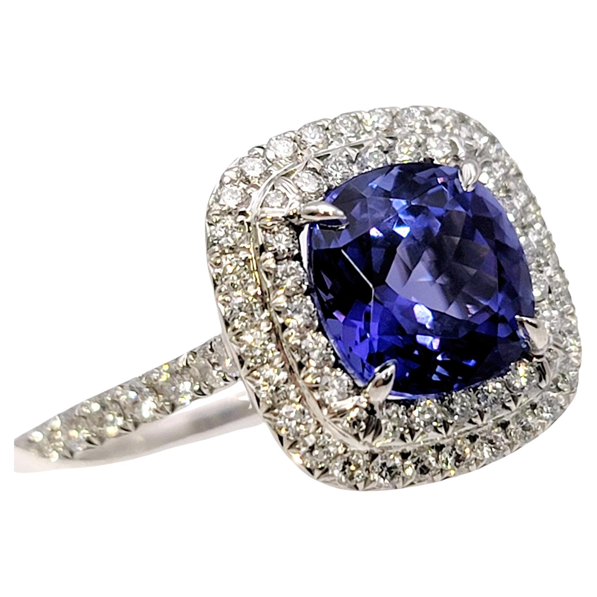 Tiffany & Co Tanzanite and Diamond Soleste Cushion Cut Double Halo Platinum Ring