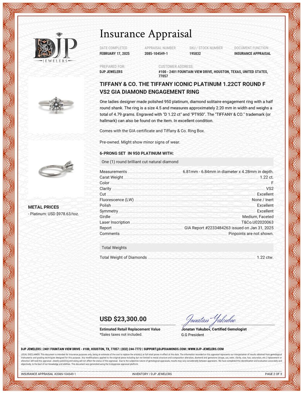 Tiffany & Co. L'anello di fidanzamento in platino Tiffany Iconic con diamante rotondo VS2 Gia in vendita 5