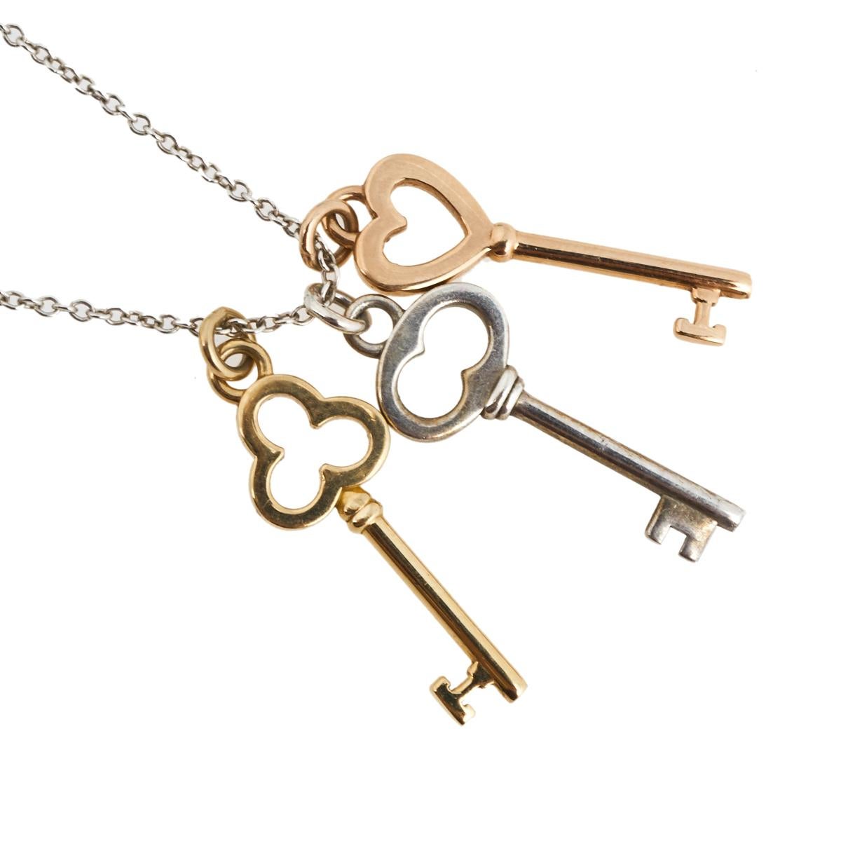 Contemporary Tiffany & Co. Three Key 18K Two Tone Gold & Silver Pendant Necklace