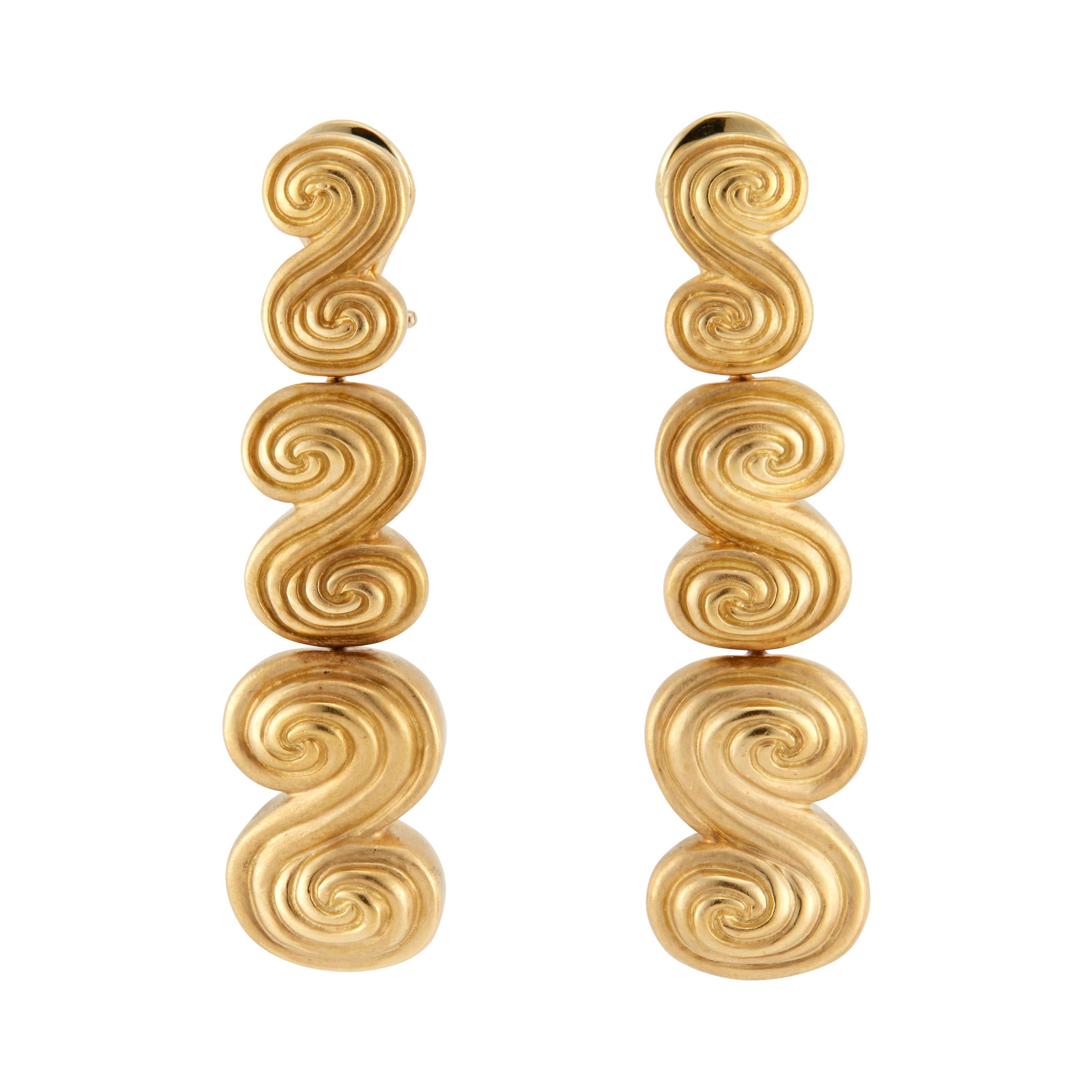 Tiffany & Co. Three-Section Long Swirl Gold Dangle Earrings For Sale