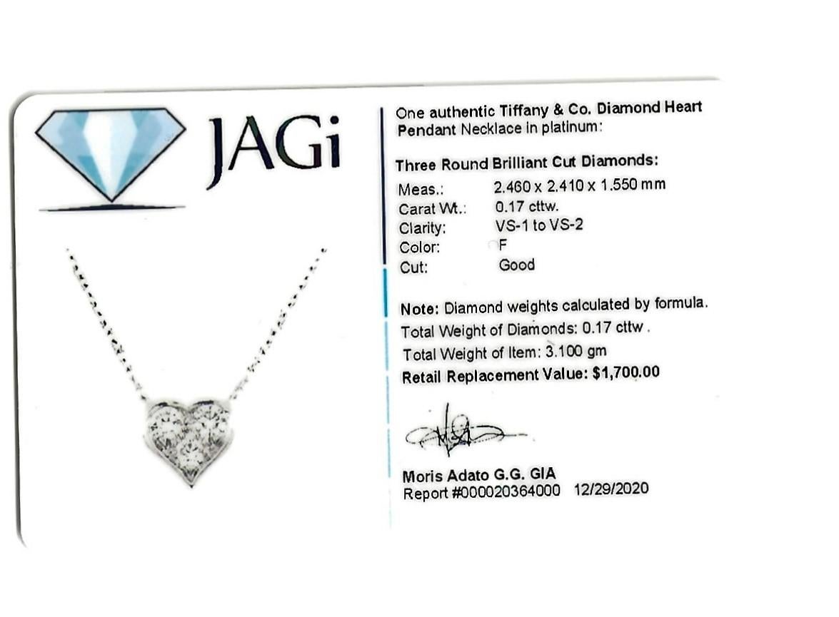 Tiffany & Co. Three Stone Diamond Heart Pendant Necklace in Platinum 2