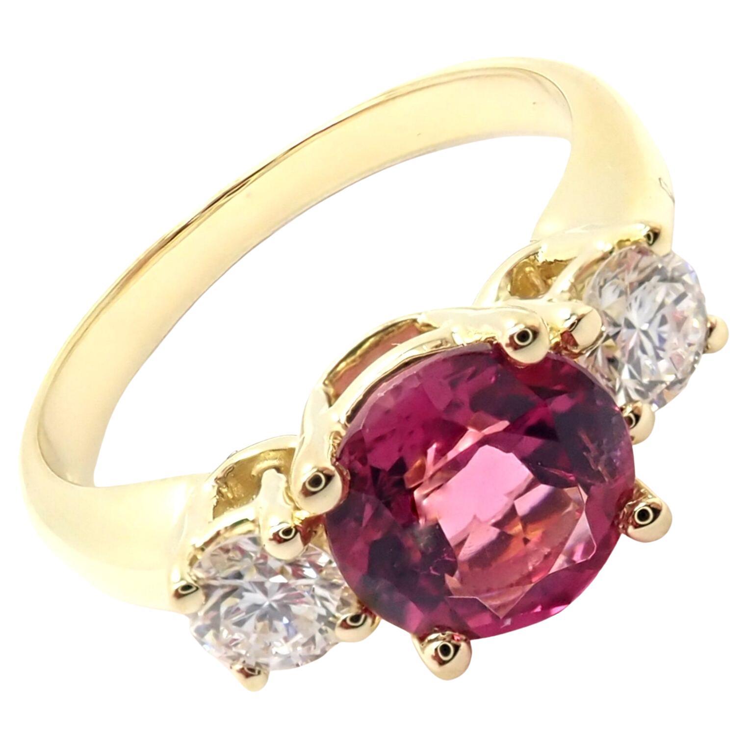Tiffany & Co Three Stone Diamond Pink Tourmaline Yellow Gold Band Ring For Sale