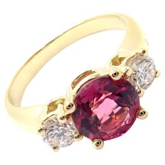 Retro Tiffany & Co Three Stone Diamond Pink Tourmaline Yellow Gold Band Ring