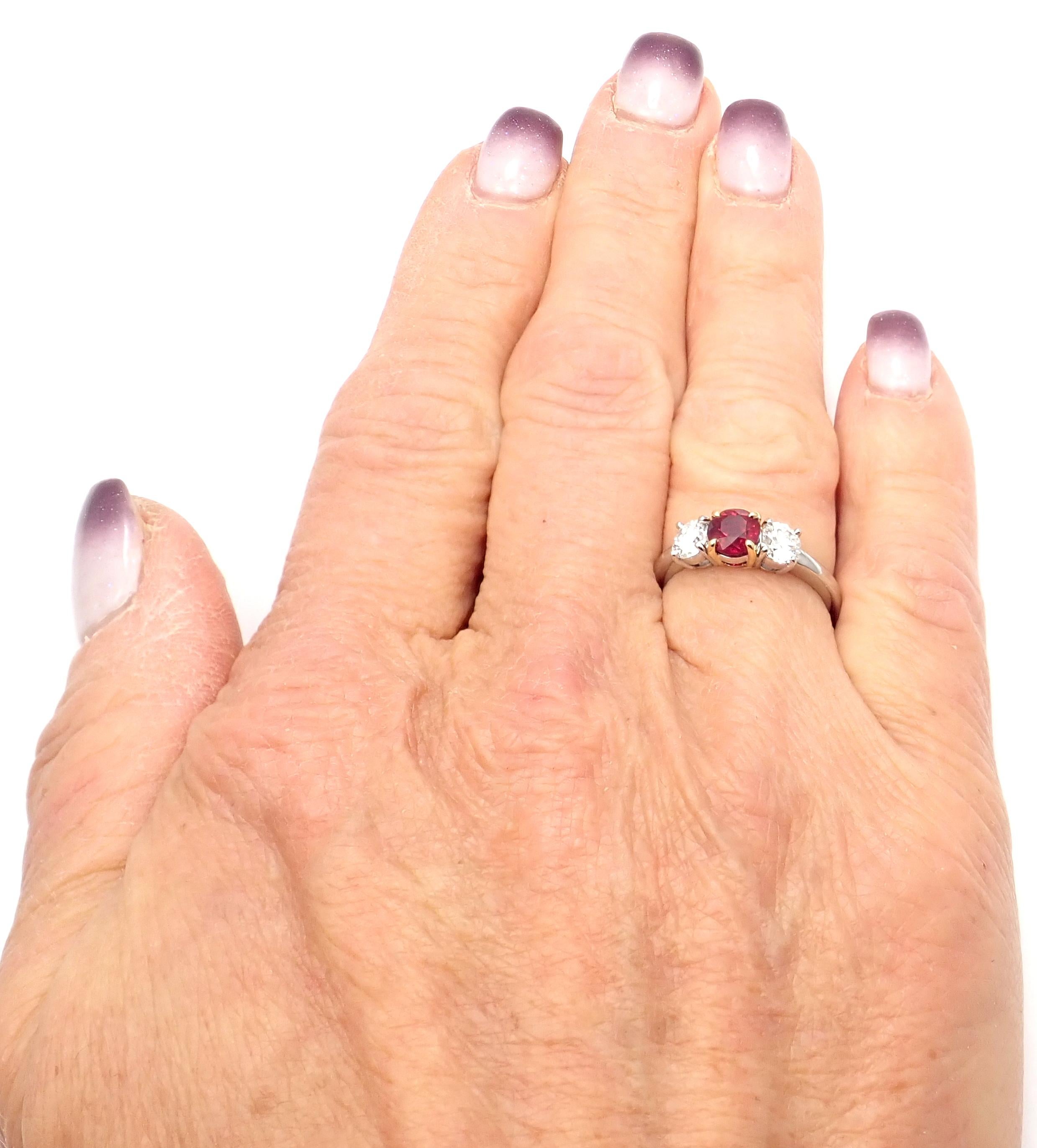 Women's or Men's Tiffany & Co. Three-Stone Diamond Ruby Platinum Yellow Gold Band Ring