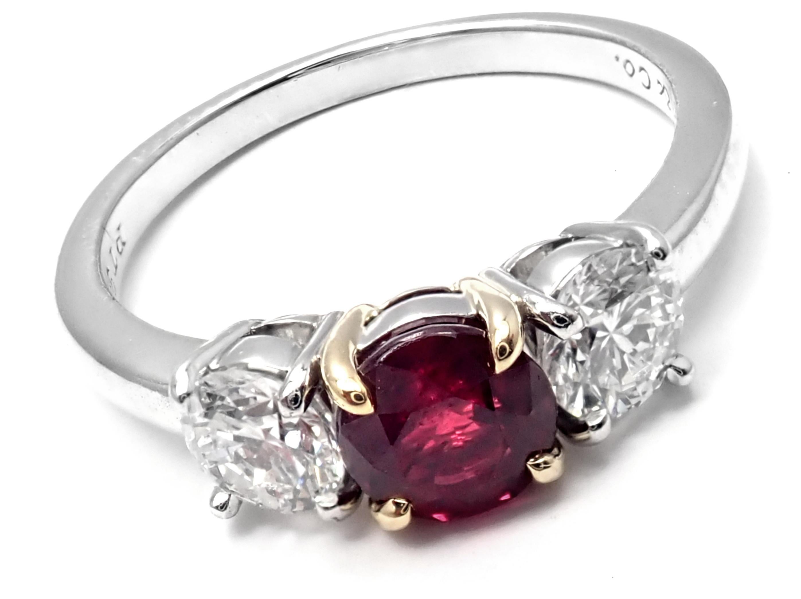 Tiffany & Co. Three-Stone Diamond Ruby Platinum Yellow Gold Band Ring 2