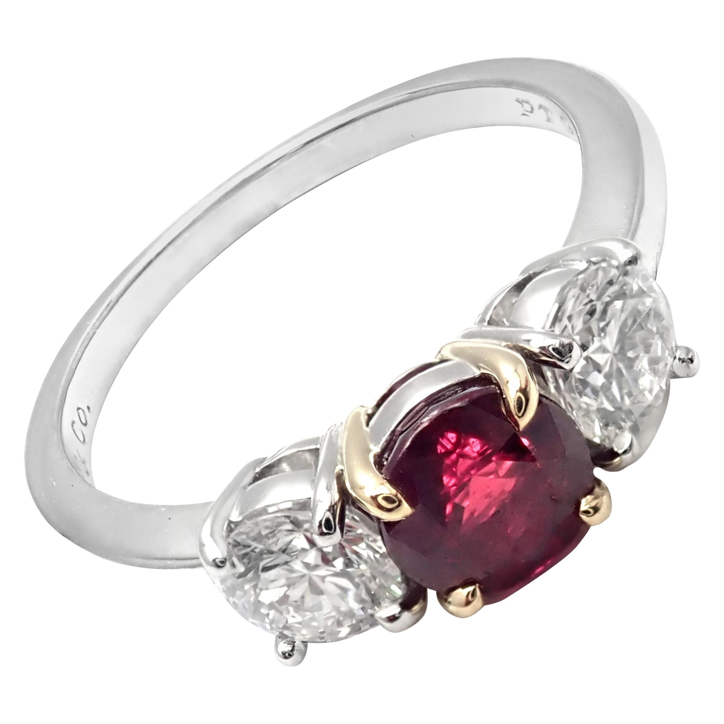 Tiffany & Co. Three-Stone Diamond Ruby Platinum Yellow Gold Band Ring