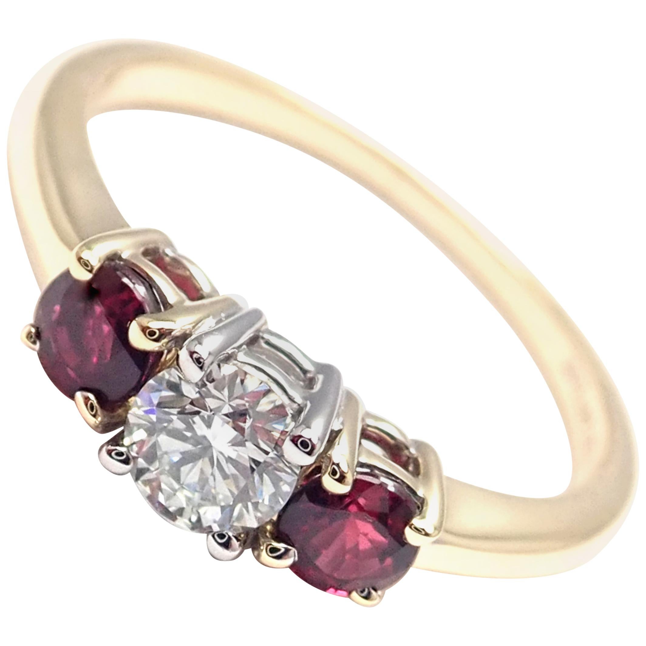 Tiffany & Co. Three-Stone Diamond Ruby Yellow Gold Platinum Band Ring For Sale