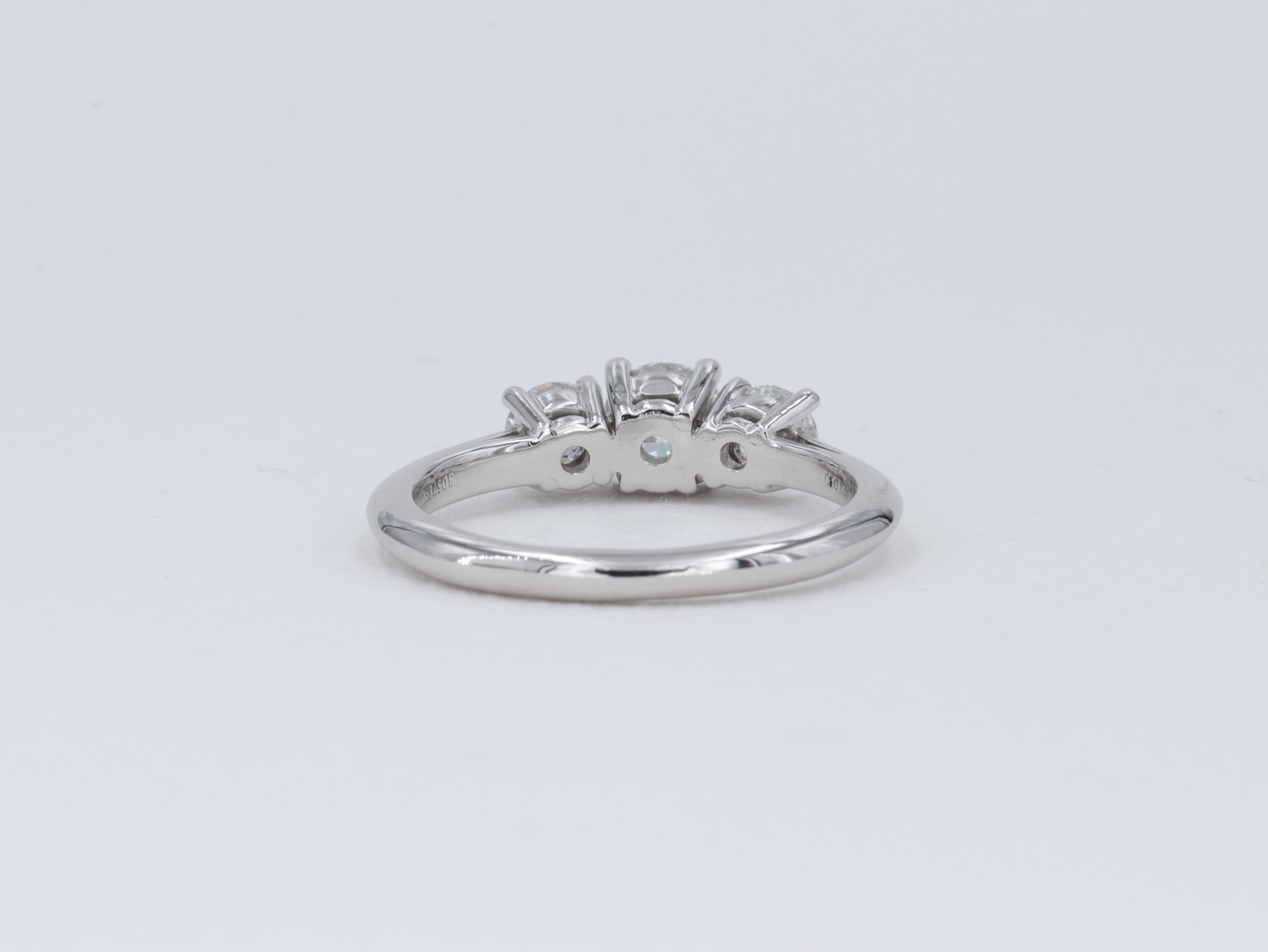 Women's or Men's Tiffany & Co. Three Stone Round Brilliant Cut Diamond Platinum Engagement Ring For Sale