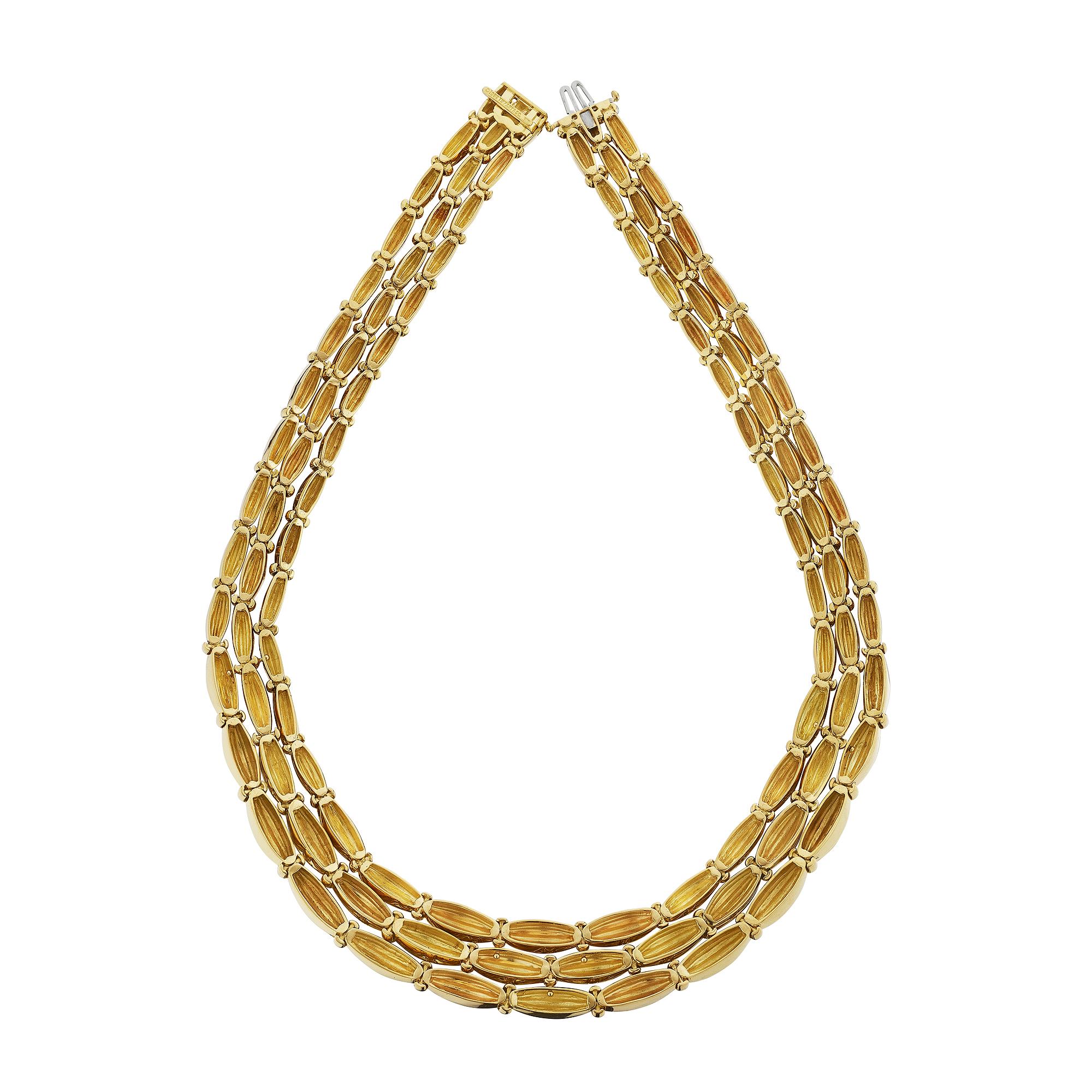 Tiffany & Co. Dreistrangige Vintage-Gliederhalskette aus Gelbgold mit geriffeltem Gliederkragen (Modernistisch)