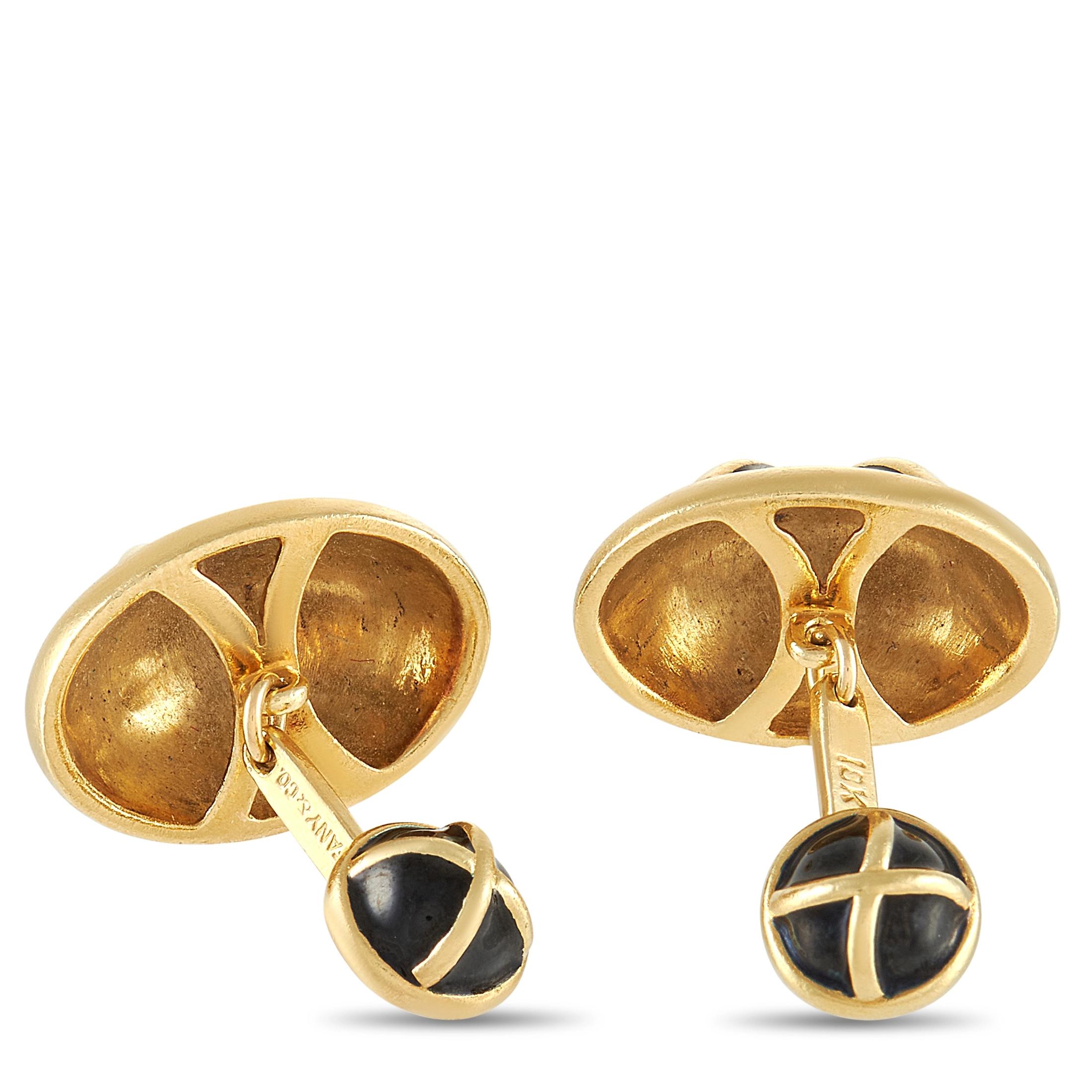 These sleek cufflinks from Tiffany & Co. are poised to put the perfect finishing touch on any suited look. Rounded black enamel ovals are only highlighted by 18K Yellow Gold bands and an 18K Yellow Gold base. Each one of these sophisticated