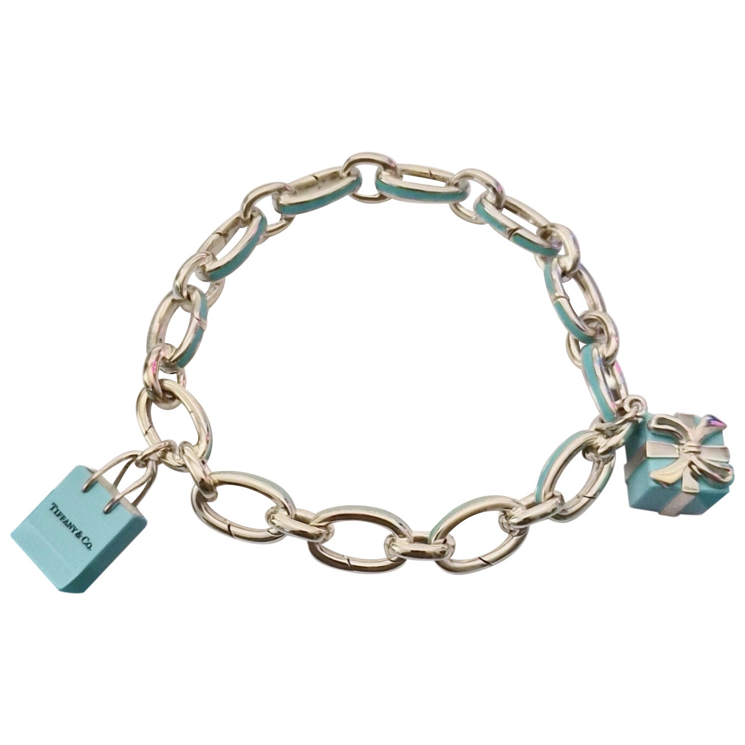 Tiffany & Co. Pulsera de eslabones con cierre esmaltada en azul Tiffany con dijes de bolso y caja