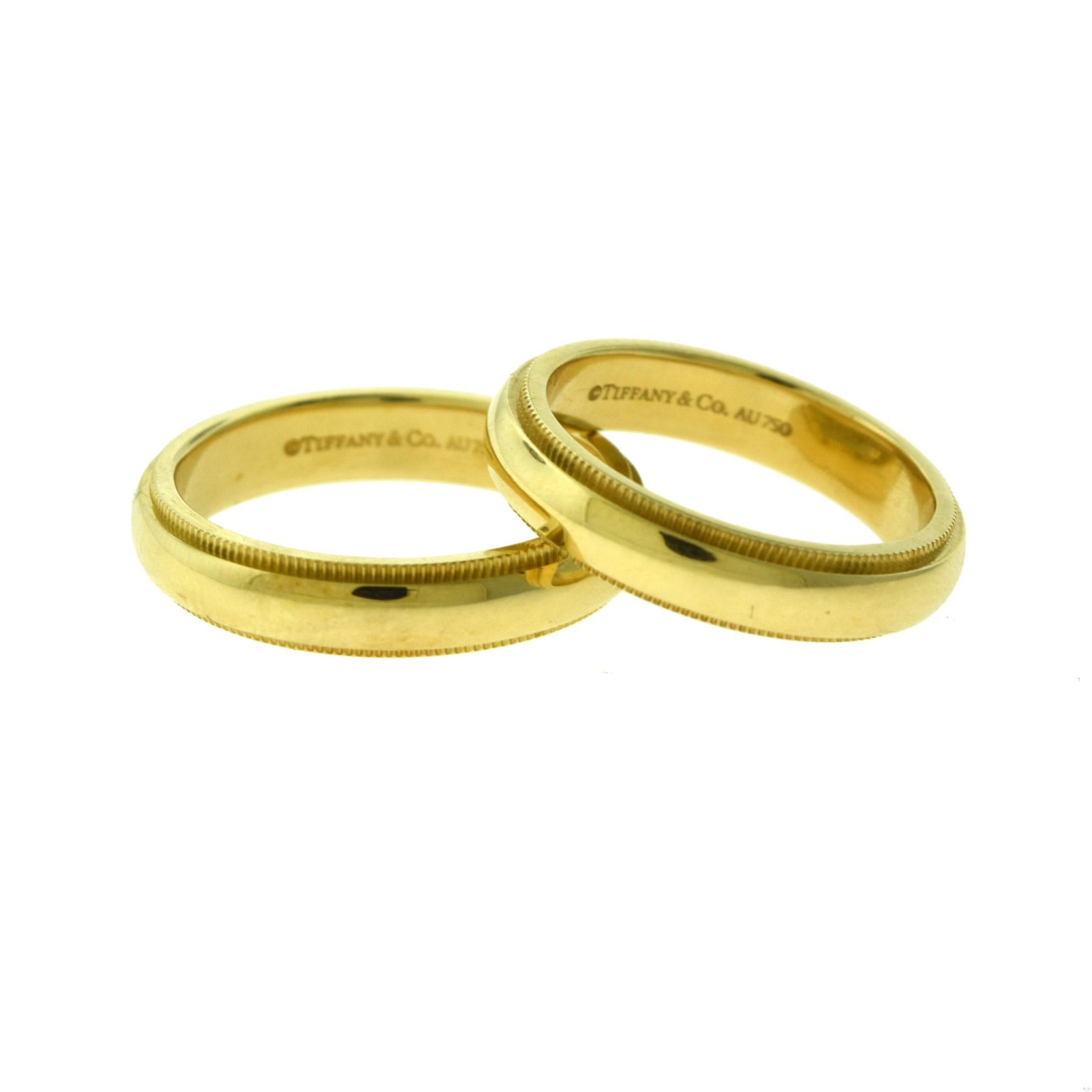 Tiffany & Co. Tiffany Double Milgrain 18k Yellow Gold Band Ring Two Piece Set In Good Condition For Sale In Miami, FL