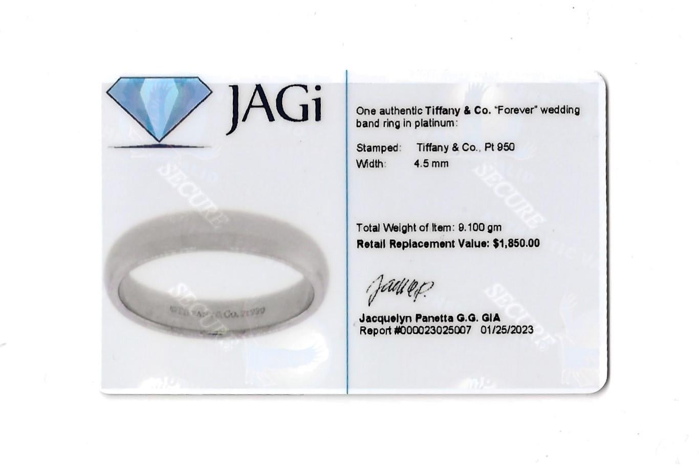 Tiffany & Co. Tiffany 'Forever' Polished Platinum Unisex Wedding Band Ring 8.75 For Sale 8