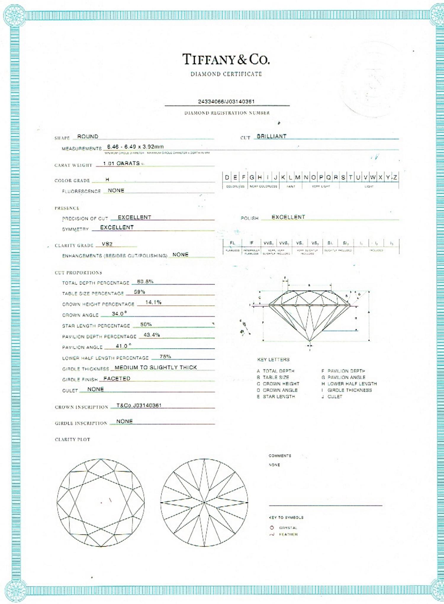Tiffany & Co Tiffany Setting Round Diamond 1.01 CTS H VS2 Engagement Ring Plat For Sale 14
