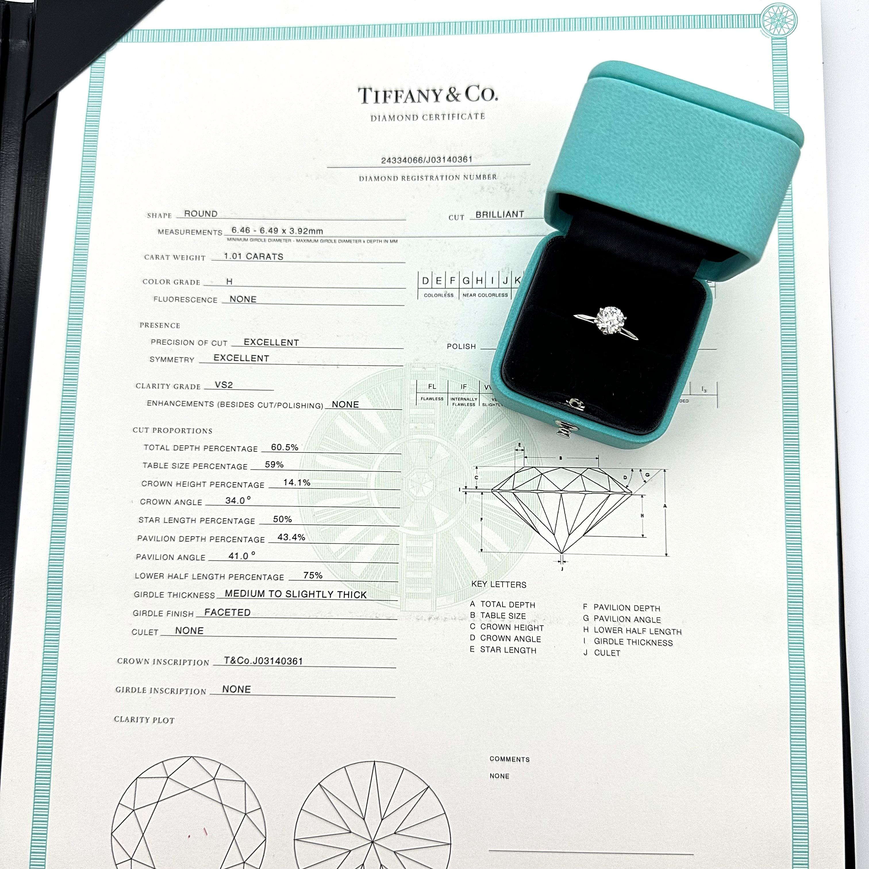 Round Cut Tiffany & Co Tiffany Setting Round Diamond 1.01 CTS H VS2 Engagement Ring Plat For Sale