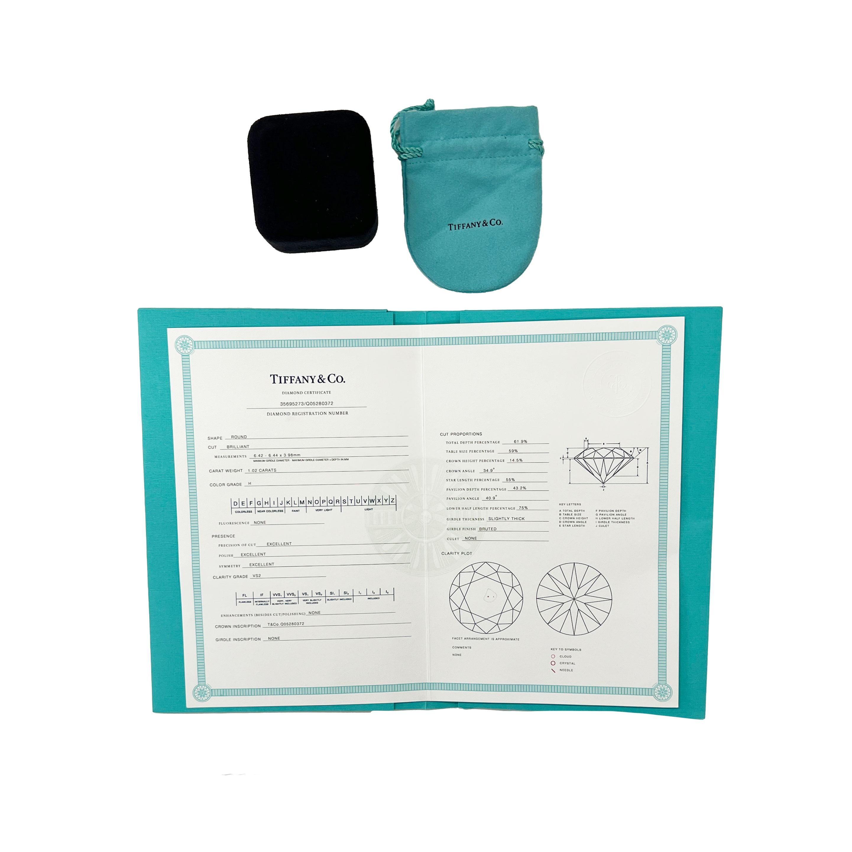 Tiffany & Co. Bague de fiançailles solitaire de Tiffany  Platine H VS2 1,02 CTW en vente 1