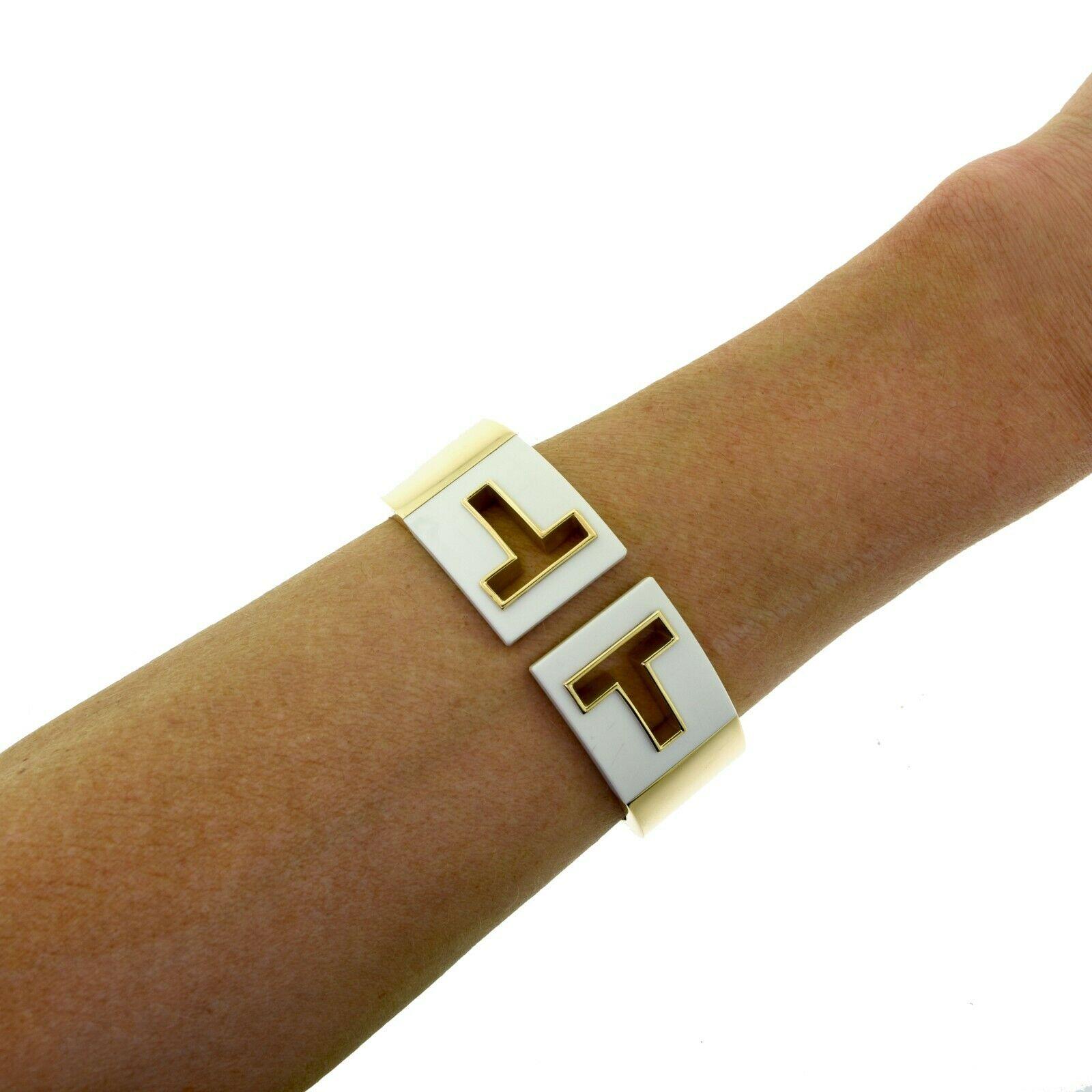 Tiffany & Co. Tiffany T Cut-Out Yellow Gold White Enamel Flexible Bracelet Cuff 1