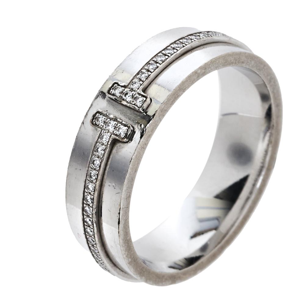 Contemporary Tiffany & Co. Tiffany T Diamond 18K White Gold Wide Ring Size 53