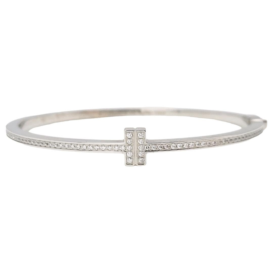 Tiffany & Co. Tiffany T Diamond Hinged Wire Bangle Bracelet in 18k White Gold For Sale 1