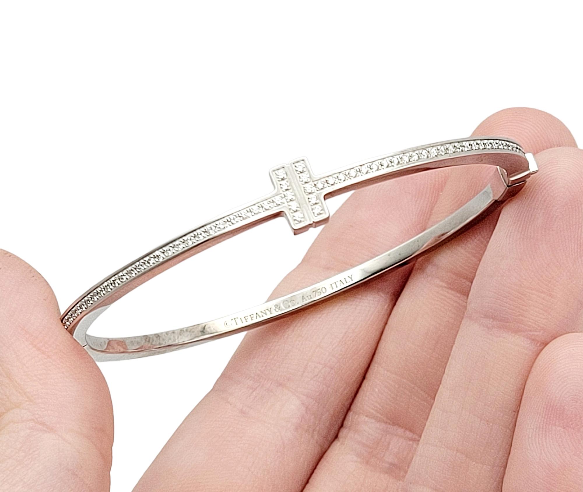 Tiffany & Co. Tiffany T Diamond Hinged Wire Bangle Bracelet in 18k White Gold For Sale 2