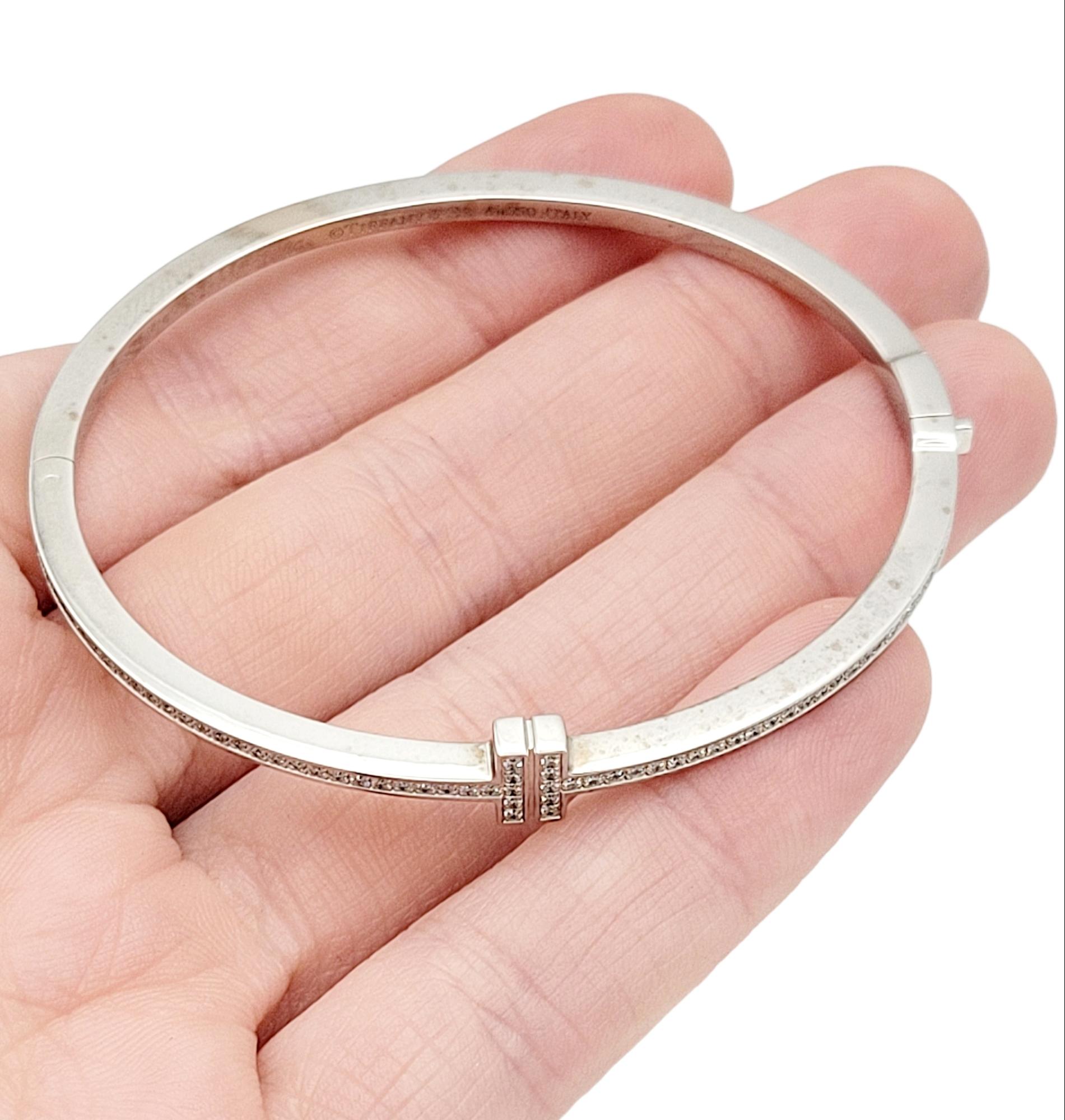 Tiffany & Co. Tiffany T Diamond Hinged Wire Bangle Bracelet in 18k White Gold For Sale 3