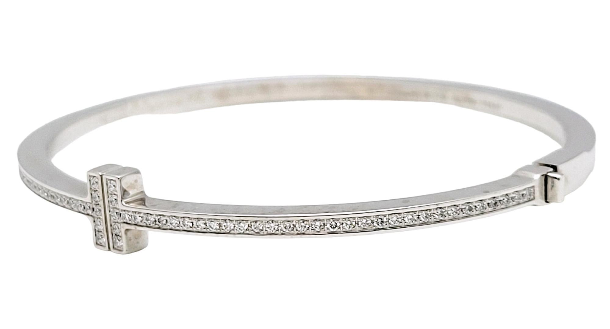 Contemporary Tiffany & Co. Tiffany T Diamond Hinged Wire Bangle Bracelet in 18k White Gold For Sale