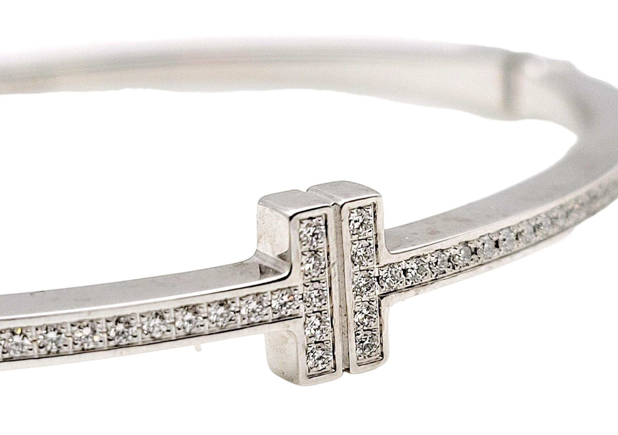Tiffany & Co. Tiffany T Diamond Hinged Wire Bangle Bracelet in 18k White Gold In Good Condition For Sale In Scottsdale, AZ
