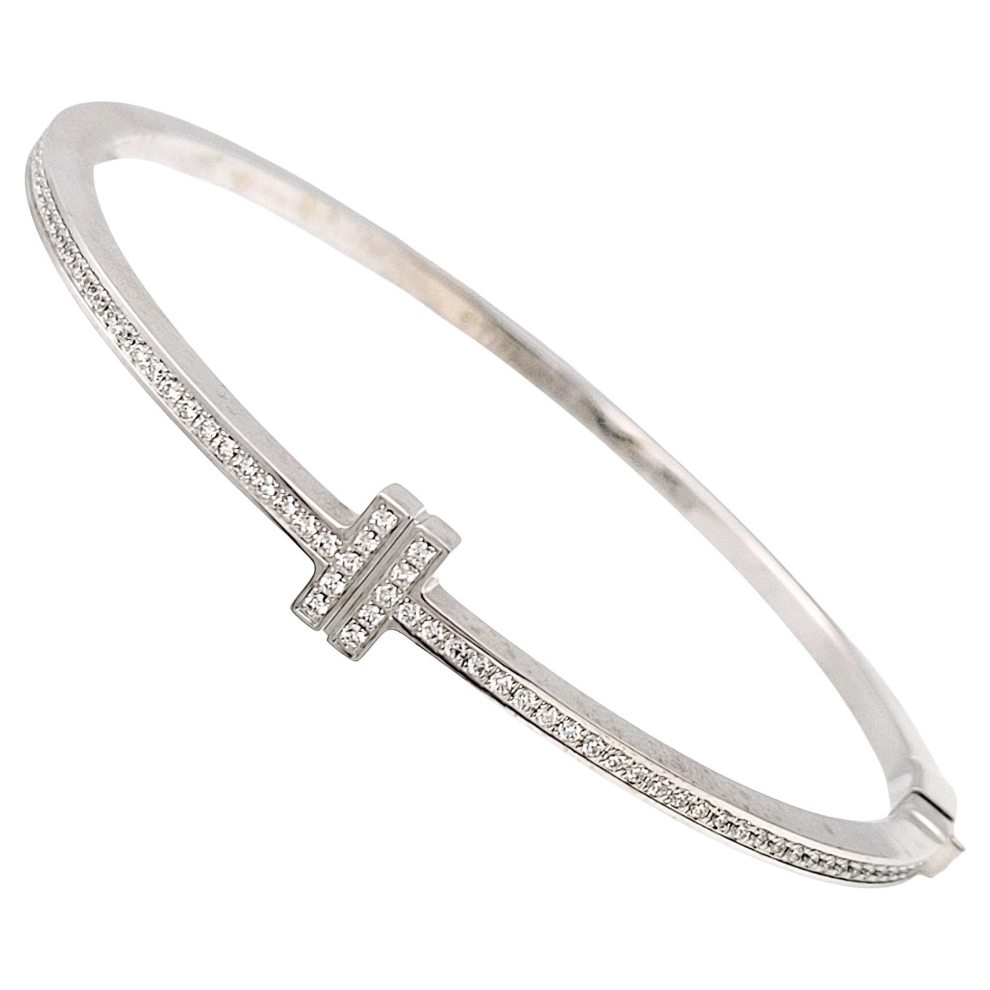 Tiffany & Co. Tiffany T Diamond Hinged Wire Bangle Bracelet in 18k White Gold For Sale