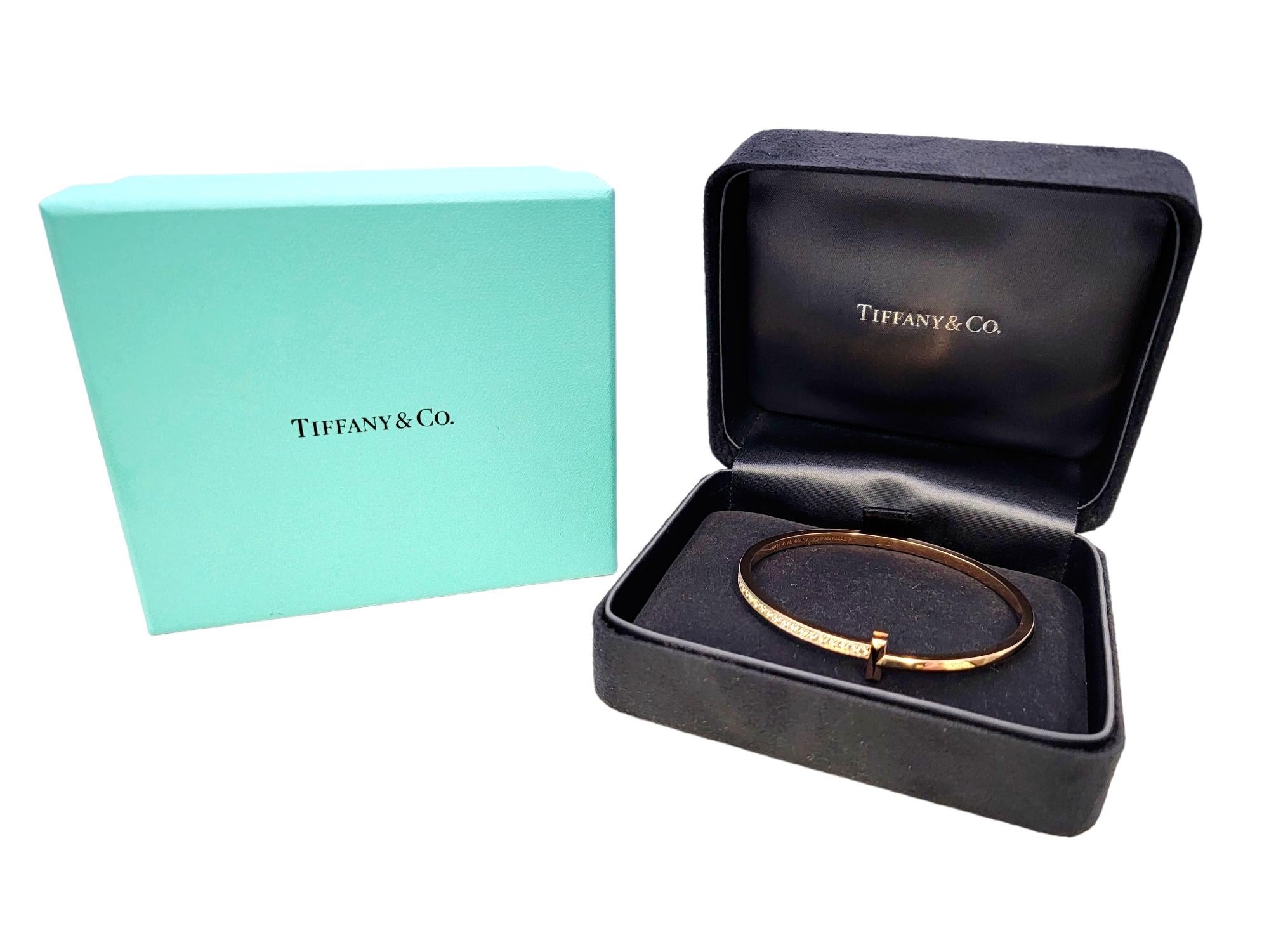 Tiffany & Co. Tiffany T Narrow T1 Diamond Hinged Wire Bangle in Rose Gold For Sale 5