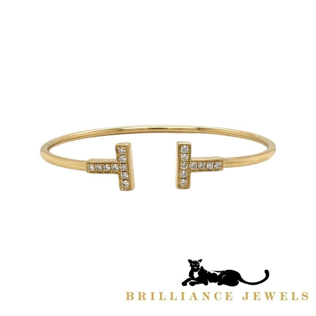 Women's or Men's Tiffany & Co. T Wire Bangle in 18k Yellow Gold with Diamonds