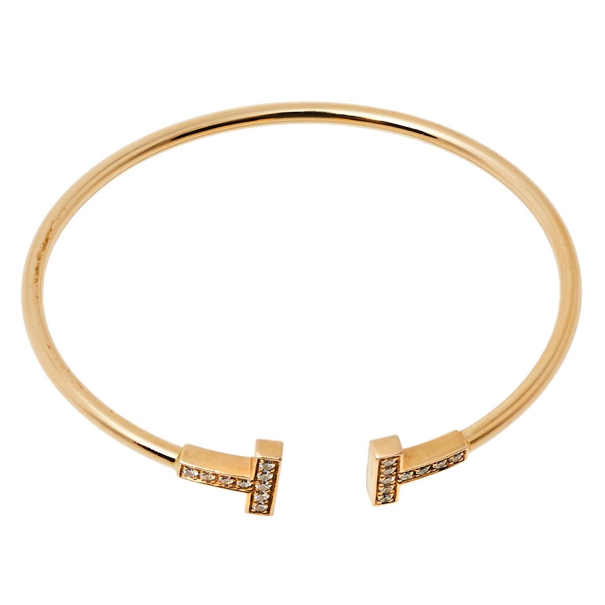 Contemporary Tiffany & Co. Tiffany T Wire Diamond 18K Rose Gold Narrow Open Cuff Bracelet