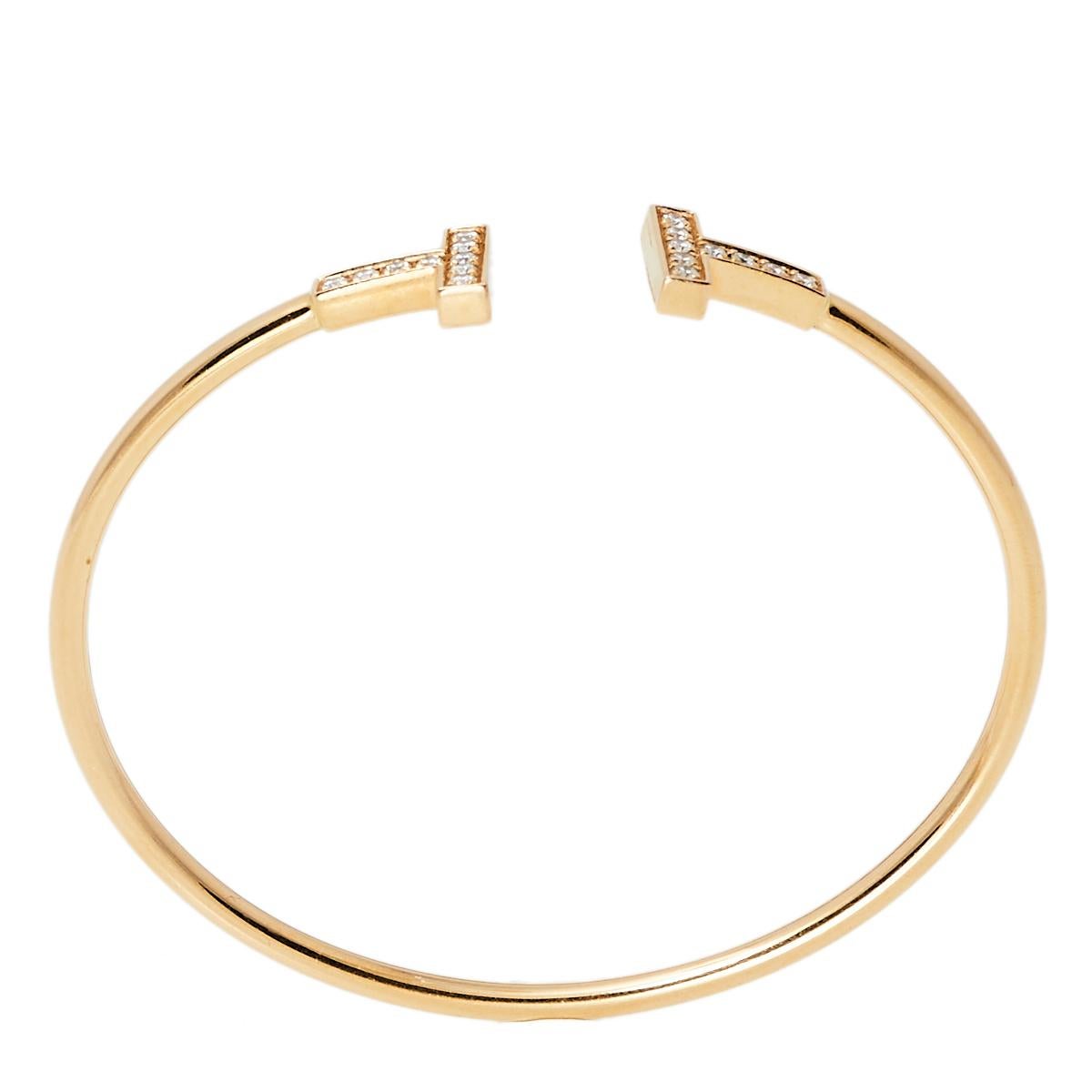 Tiffany & Co. Tiffany T Wire Diamond 18K Rose Gold Narrow Open Cuff Bracelet In Good Condition In Dubai, Al Qouz 2