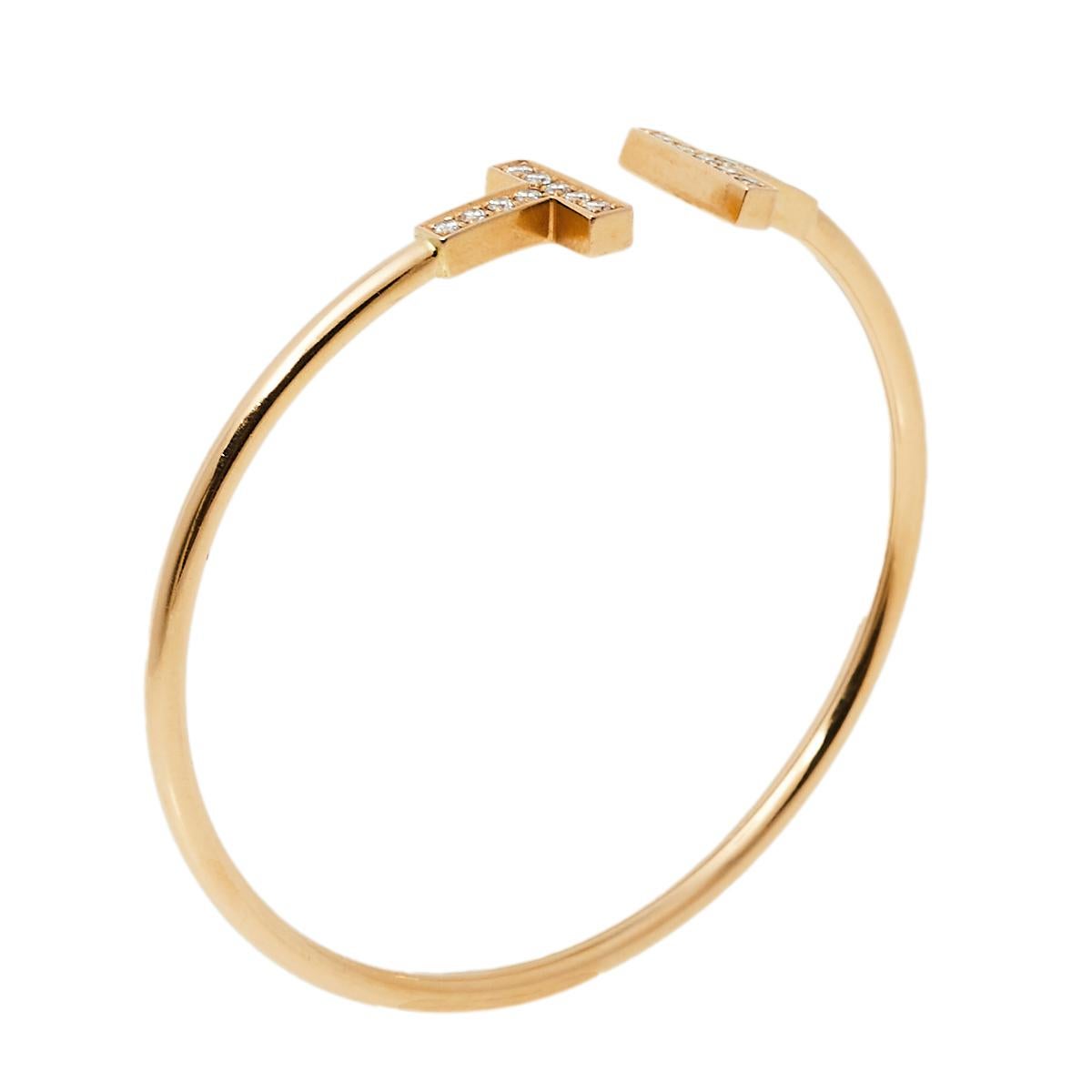 Women's Tiffany & Co. Tiffany T Wire Diamond 18K Rose Gold Narrow Open Cuff Bracelet