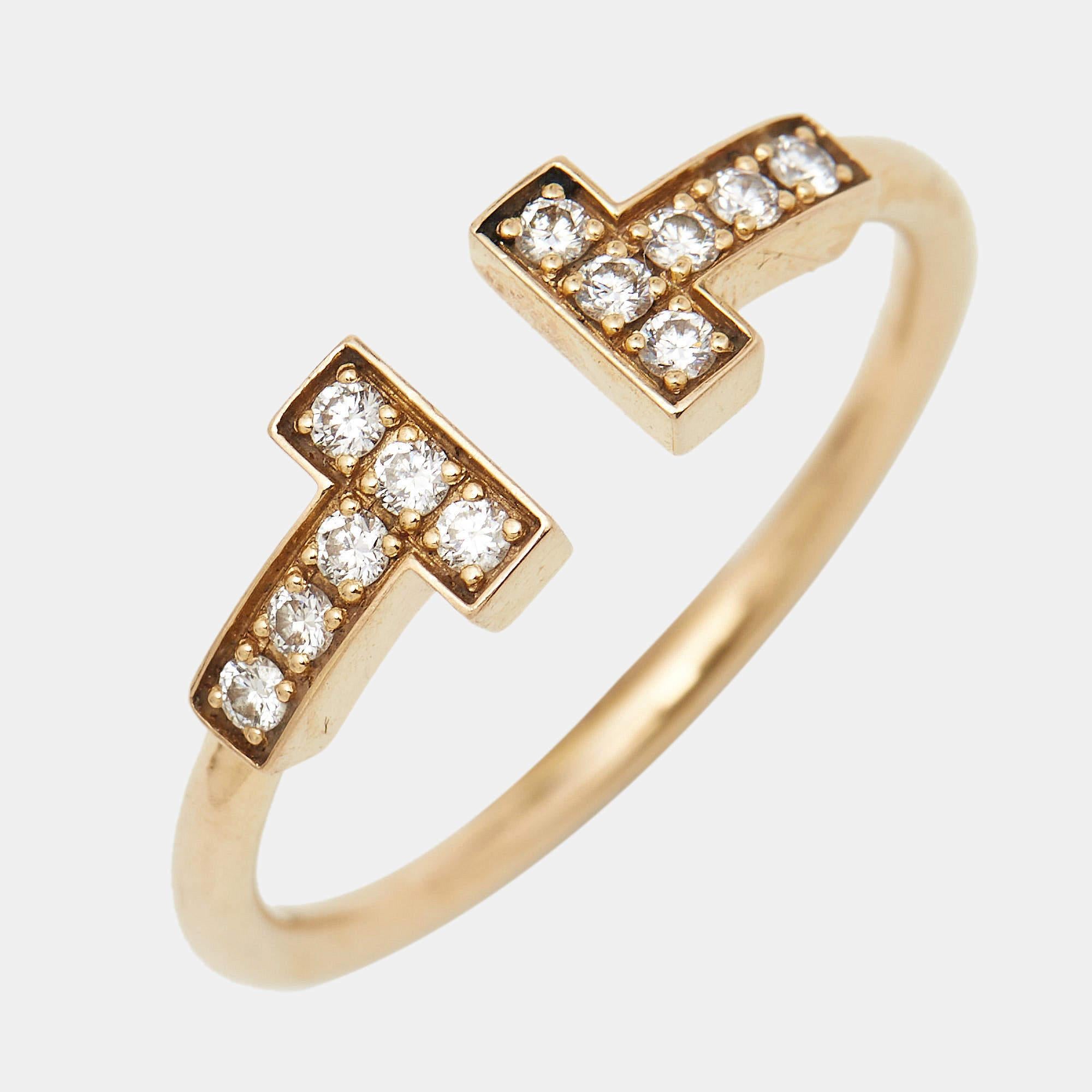 Tiffany & Co. Tiffany T Wire Diamonds 18k Rose Gold Ring Size 53 In Good Condition In Dubai, Al Qouz 2