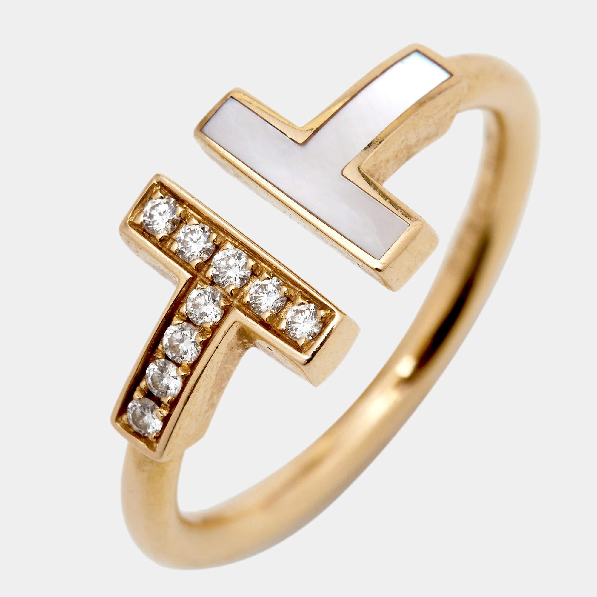 Tiffany & Co. Tiffany T Wire Mother of Pearl Diamonds 18k Rose Gold Ring Size 52 In Excellent Condition In Dubai, Al Qouz 2