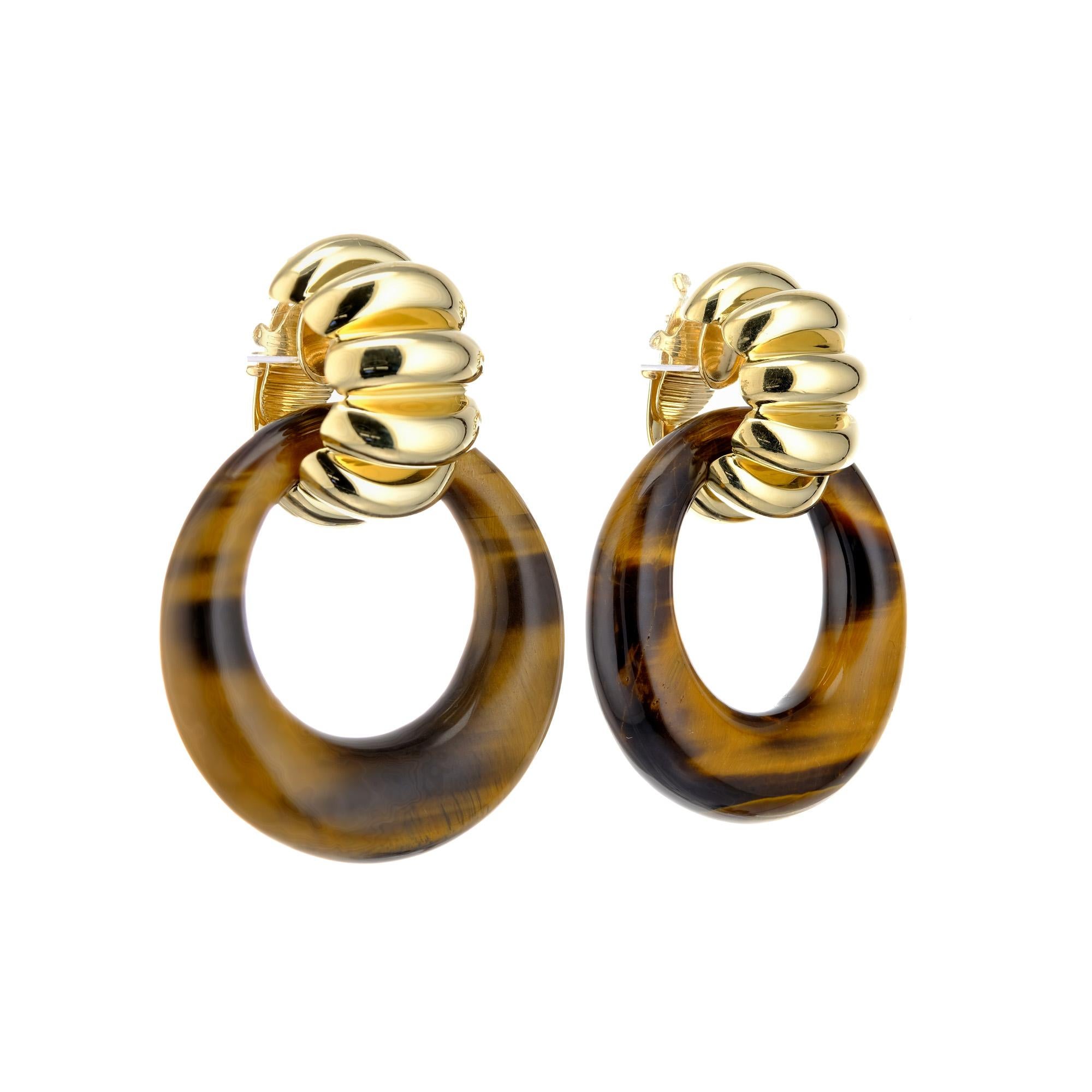 Vintage Tiffany & Co. 14K Yellow Gold Shimp Earrings with Tiger Eye door knocker dangles that are removable. Shrimp clip post tops can be worn with or without dangles.

2 Round Tiger Eye Hoops, 37mm, Yellow Brown.
14k Yellow Gold
Stamped: