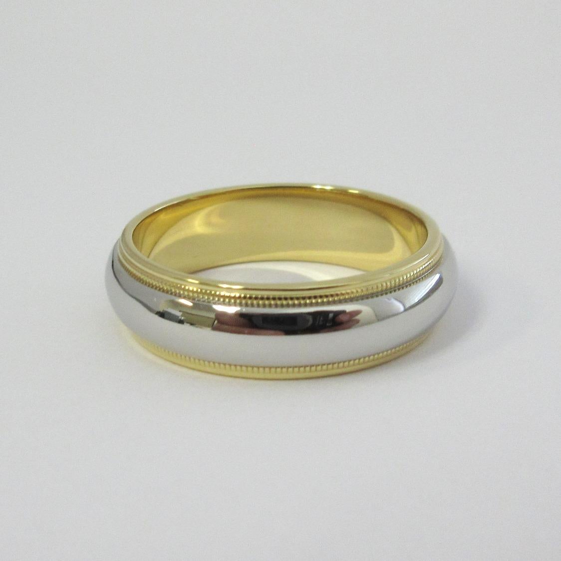 TIFFANY & Co. Together Platinum 18K Gold 6mm Milgrain Wedding Band Ring 8.5 In Excellent Condition For Sale In Los Angeles, CA