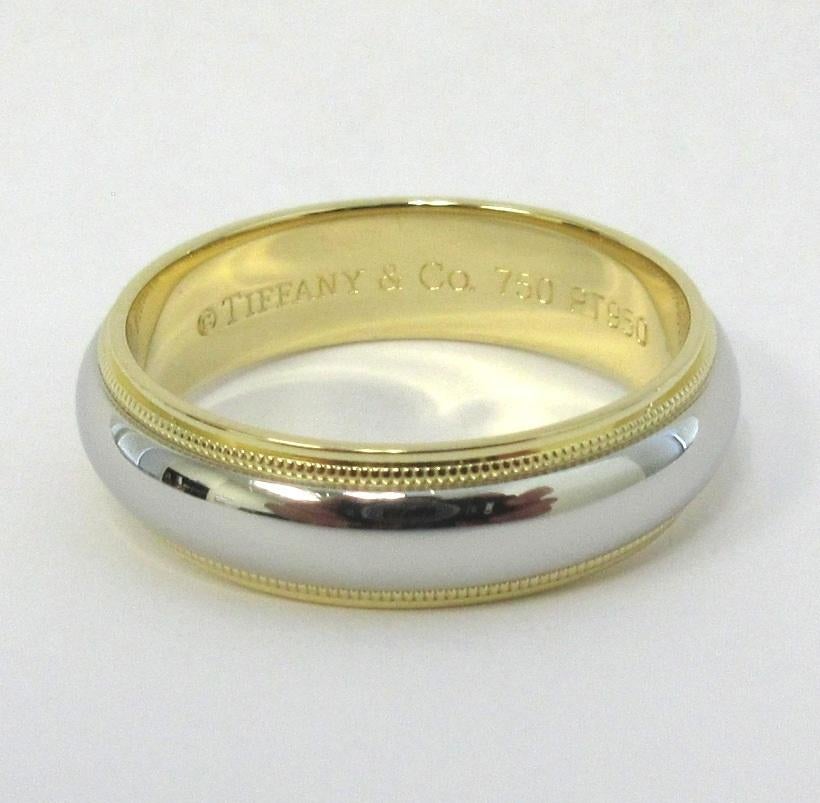 Women's or Men's TIFFANY & Co. Together Platinum 18K Gold 6mm Milgrain Wedding Band Ring 8.5 For Sale