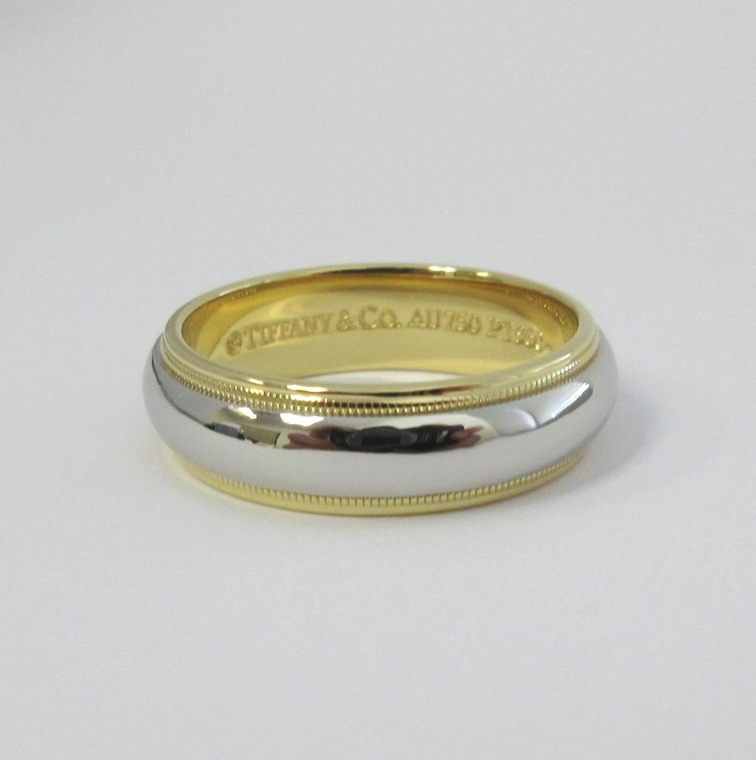 Women's or Men's TIFFANY & Co. Together Platinum 18K Gold 6mm Milgrain Wedding Band Ring 8.5 For Sale