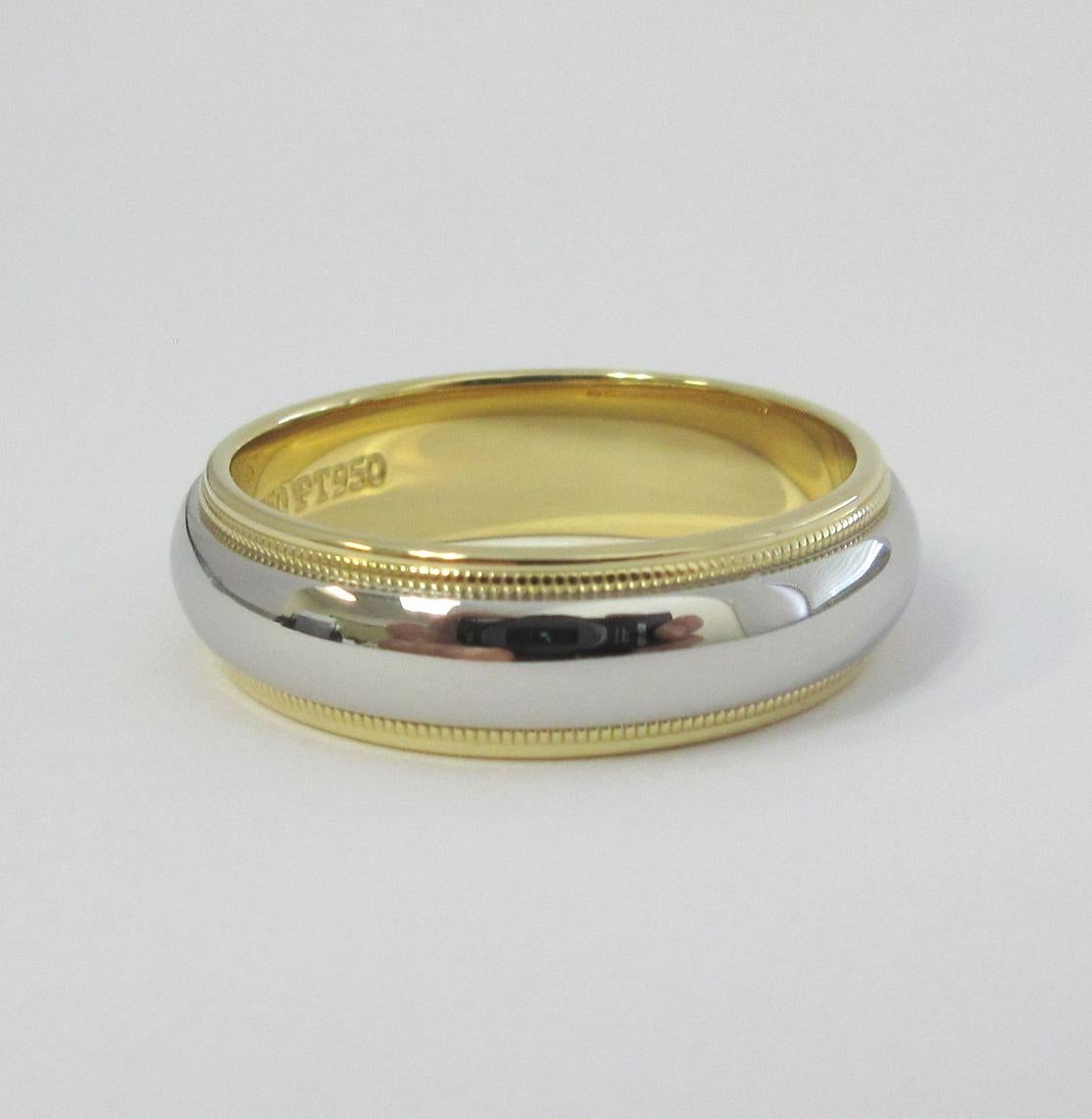 TIFFANY & Co. Together Platinum 18K Gold 6mm Milgrain Wedding Band Ring 8.5 For Sale 2