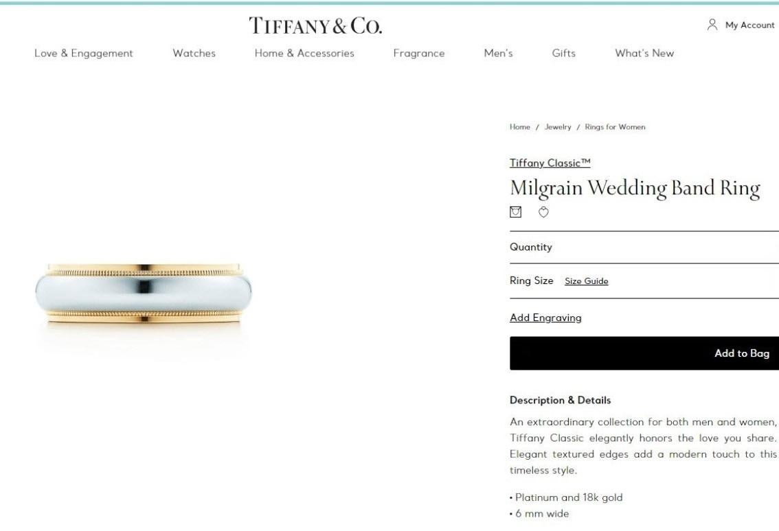 TIFFANY & Co. Together Platinum 18K Yellow Gold 6mm Milgrain Wedding Band Ring 8 In Excellent Condition For Sale In Los Angeles, CA