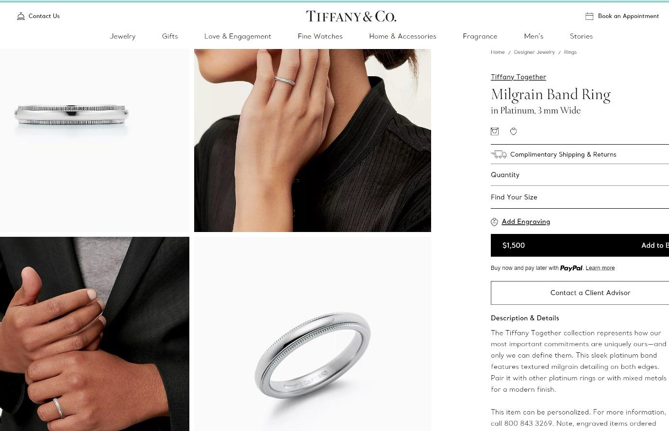TIFFANY & Co. Alliance en platine 3 mm de couleur milgrain, taille 8,5 en vente 1