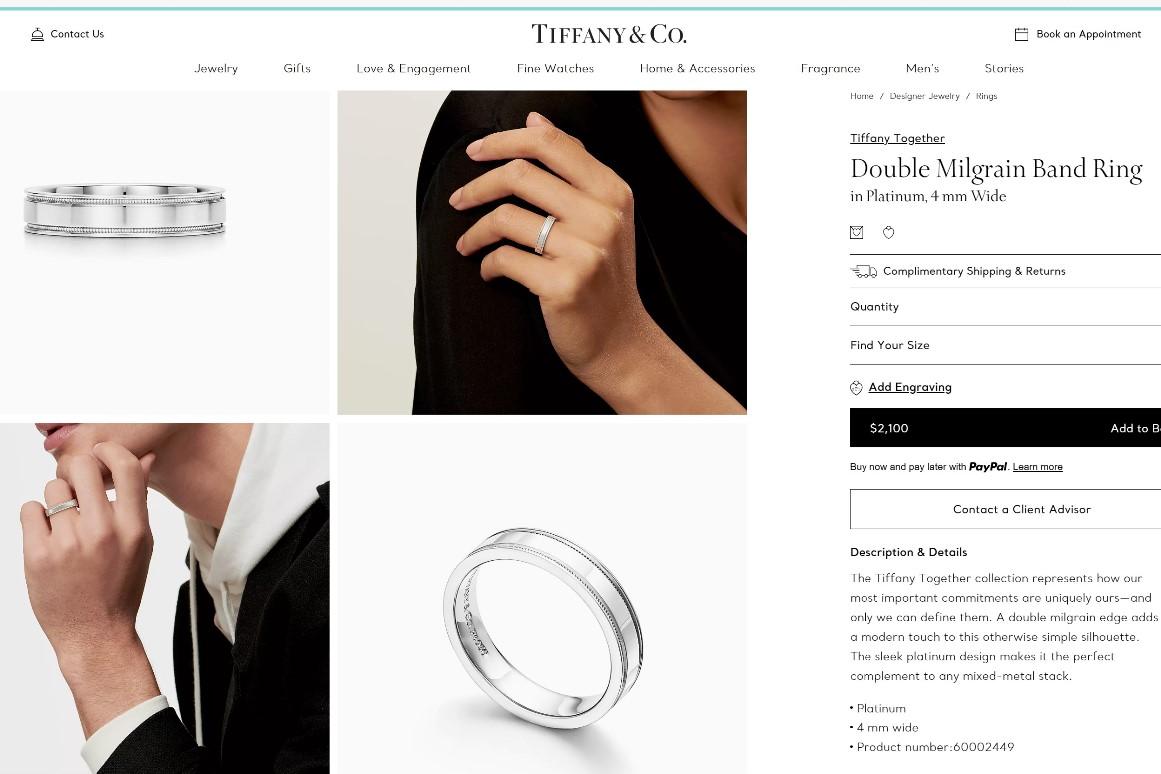 TIFFANY & Co. Together Platinum 4mm Double Milgrain Wedding Band Ring 6.5 For Sale 1