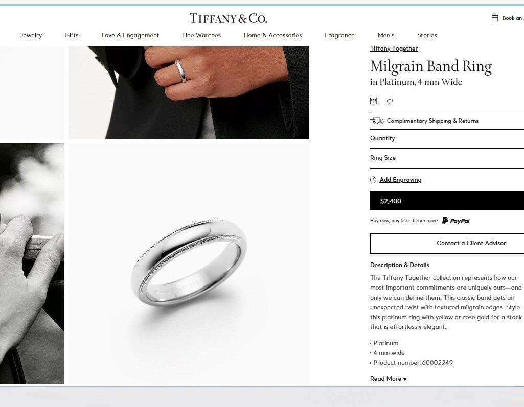 TIFFANY & Co. Zusammen Platin 4mm Milgrain Hochzeit Band Ring 10.5 2