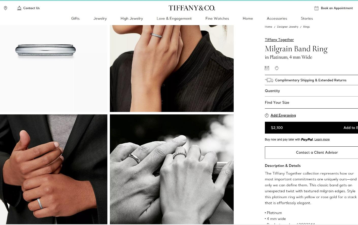 TIFFANY & Co. Together Platinum 4mm Milgrain Wedding Band Ring 7.5 For Sale 2