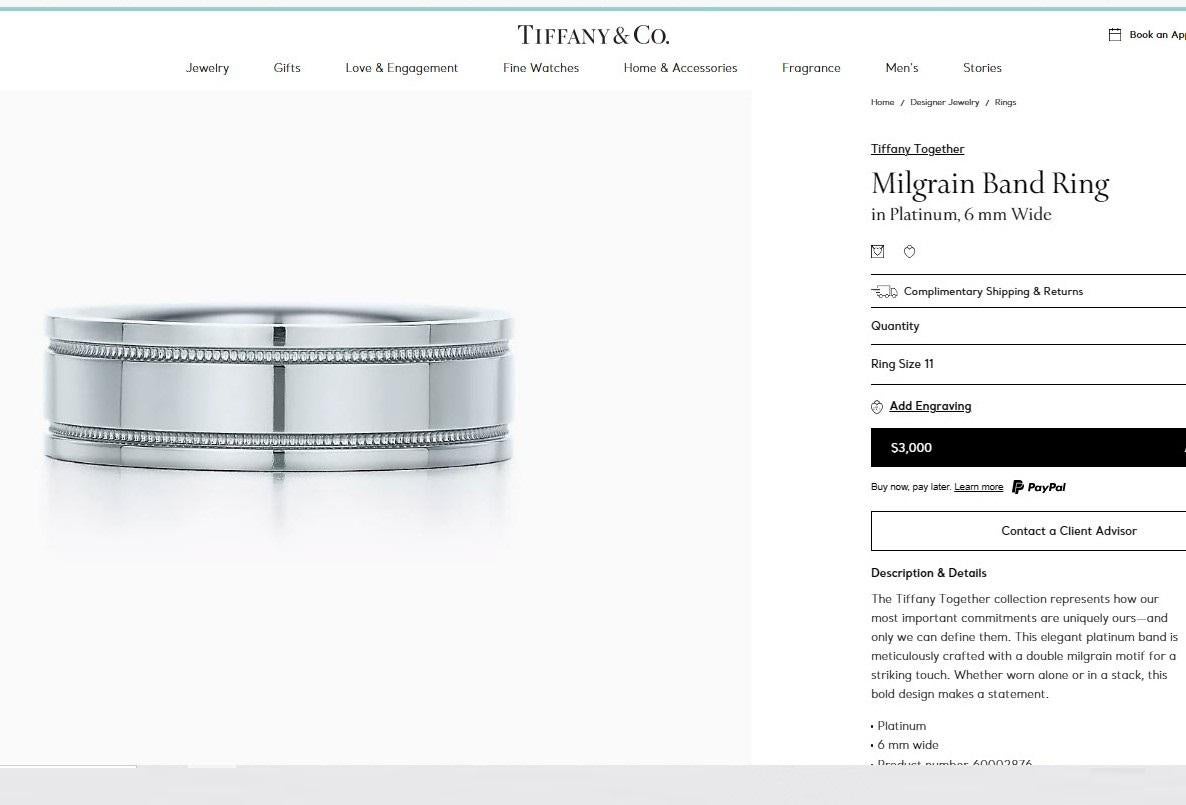 TIFFANY & Co. Juntos Platino 6mm Doble Milgrain Anillo de boda 11 Hombres en venta 3